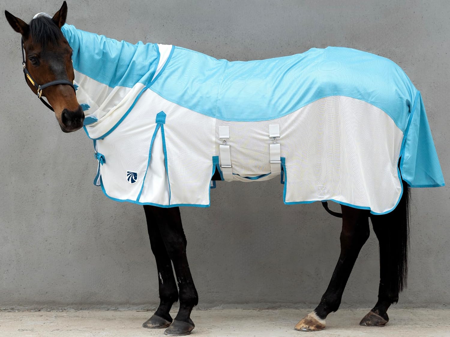 Mesh Horse Fly Sheet with Combo Neck | Dual-Zone UV Protection & Breathable Design | Elastic Webbing Belly Wrap & Leg Straps | Blue, 81 Inch