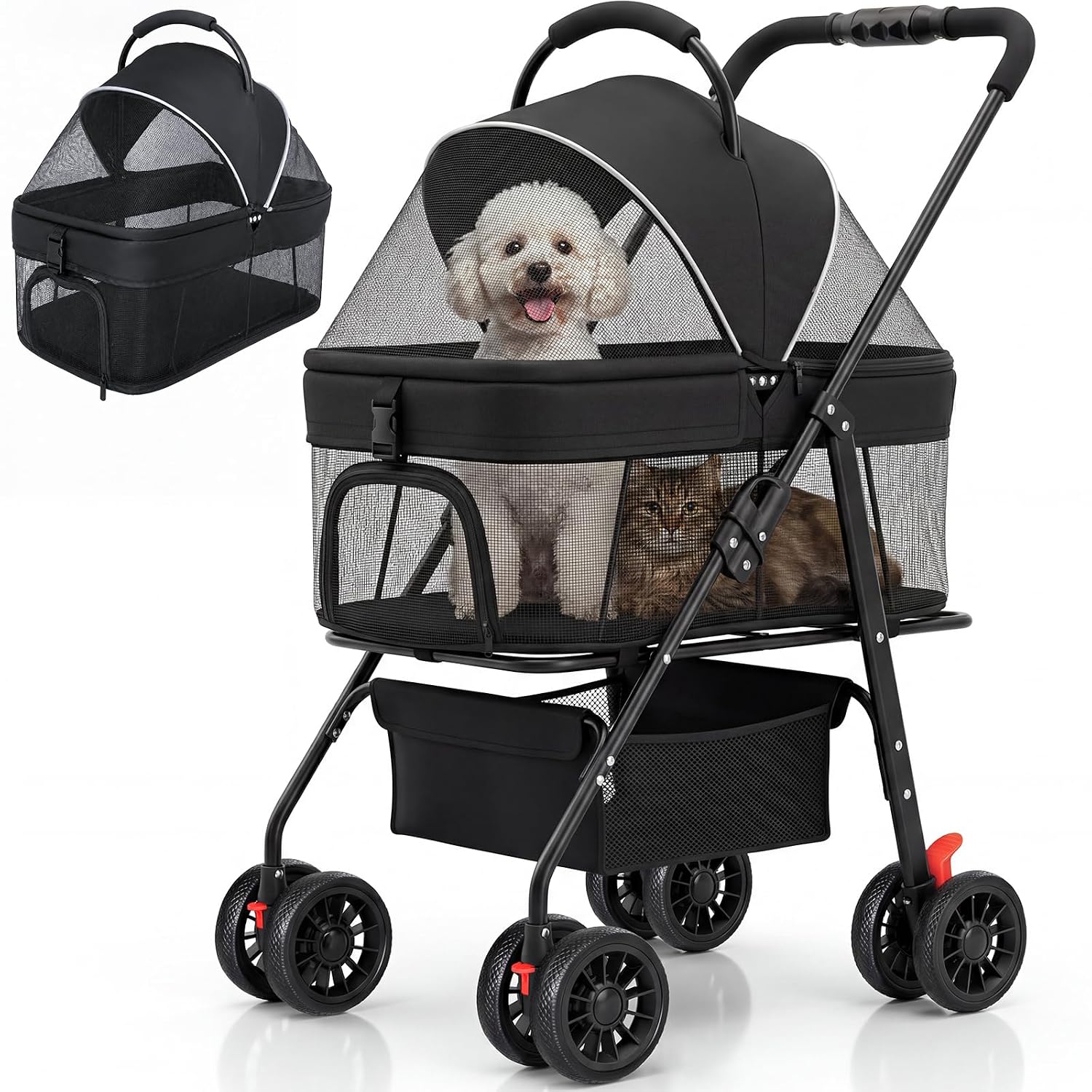 Dog Stroller for Small Dogs, Foldable Pet Stroller up to 35 lb, Panoramic Mesh Pet Cat Stroller with Detachable Carrier, with Safety Tether, Puppy Doggie Stroller for Medium Dogs 20 lbs, Light Black