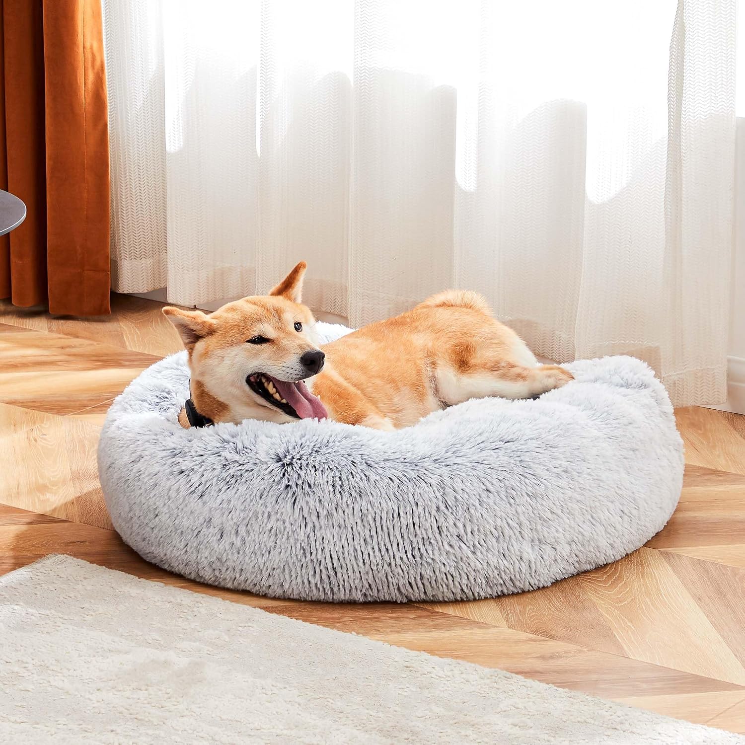 NEWBULIG 37.4×37.4 Inch Dog Couch Bed, Round Shape Large Sized Donut Beds for Indoor Dogs and Cats with Removable Cover, Anti-Slip, Cozy Fluffy Sofa, Grey
