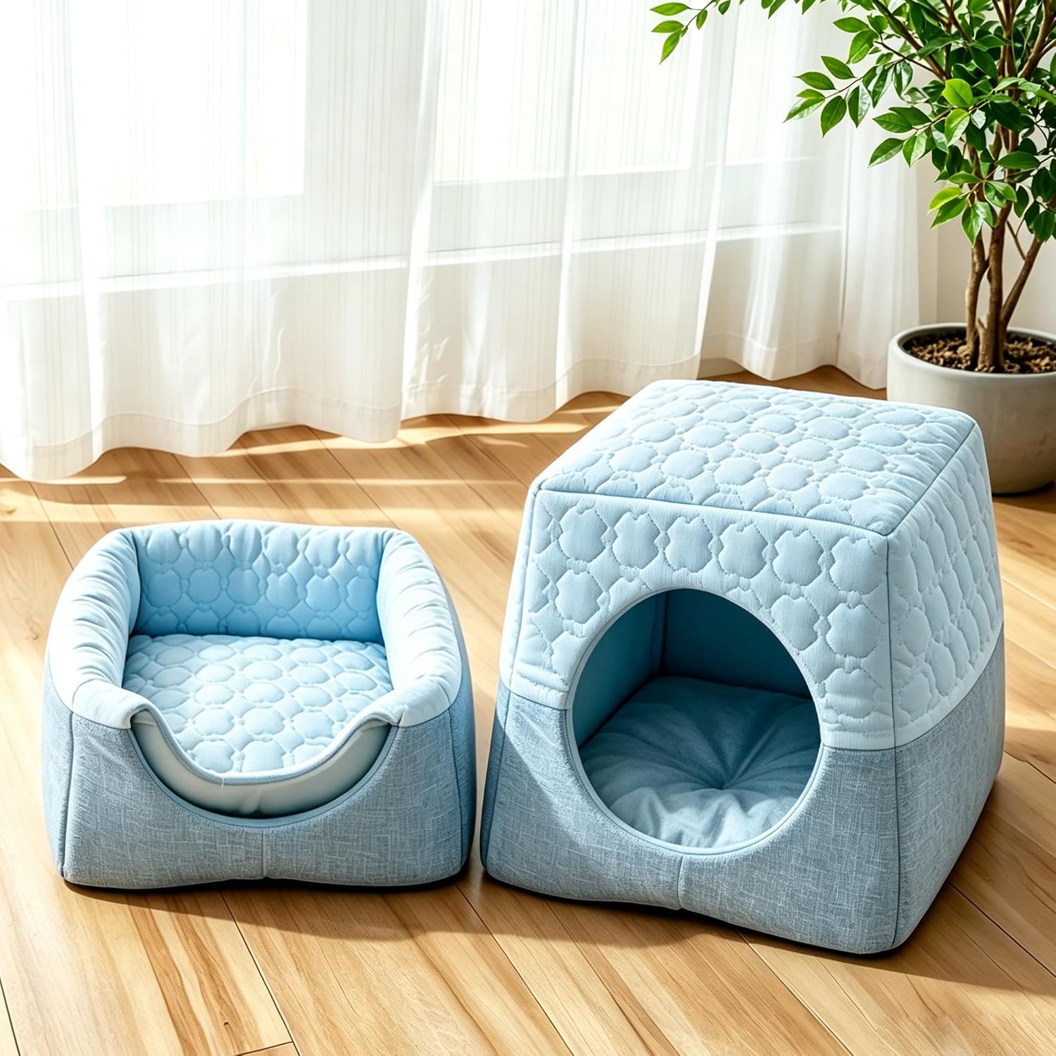 RPGT Cat Bed Cave 3-in-1 Covered Cat Beds for Indoor Cats and Dogs Blue