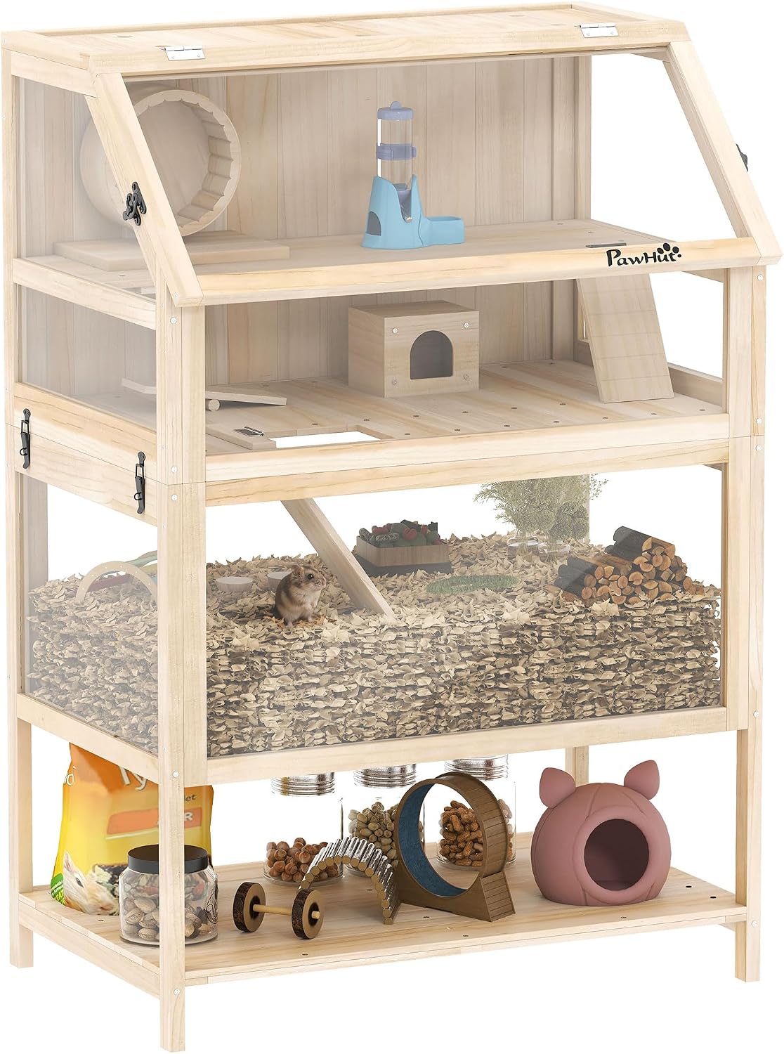 PawHut Wooden Hamster Cage with Storage Shelf for Dwarf, 31.5″ x 21″ x 46″