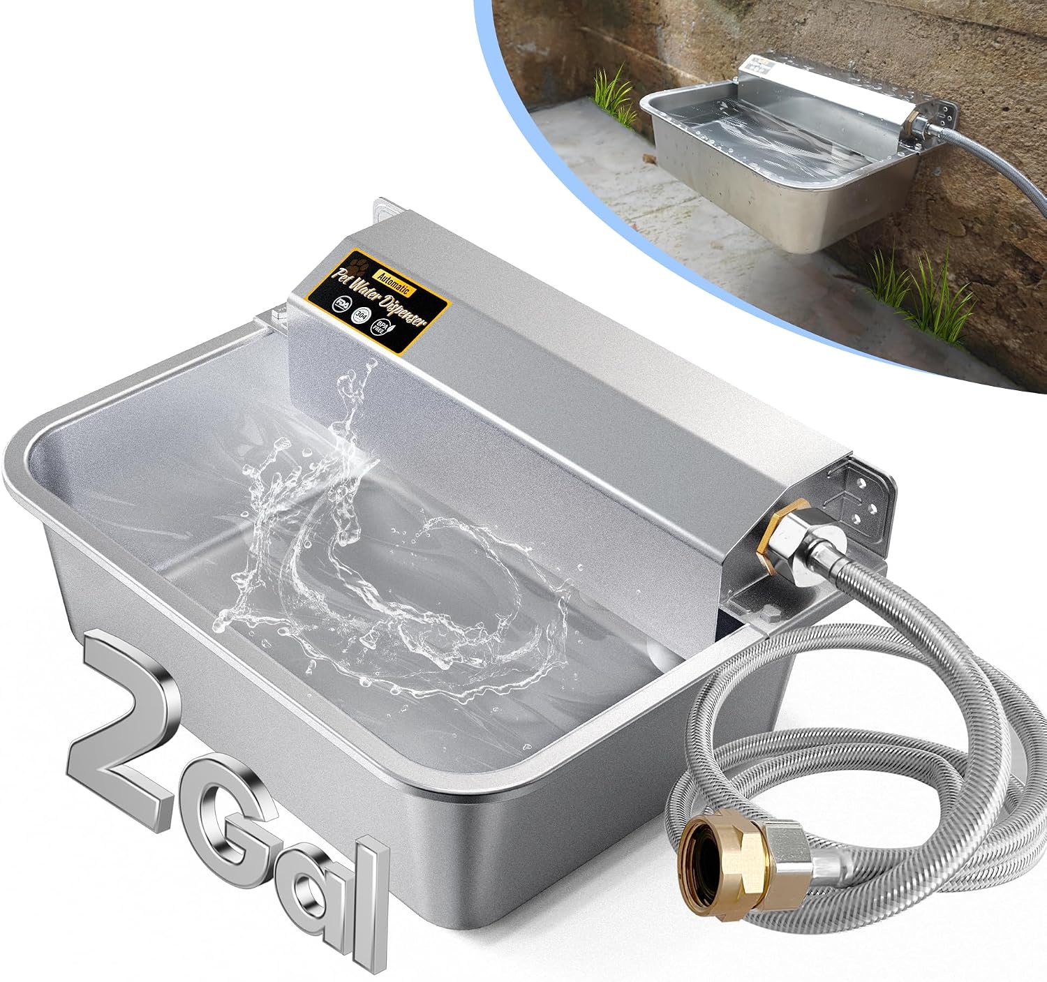 PETIMI Automatic Dog Water Dispenser, 2 Gallons 304 Stainless Steel Dog Water Bowl for Indoor/Outdoor, Large Water Bowl for Pets & Livestock, Anti Tip, Wide Mouth, Water Auto Fill, Fit GHT 3/4″ Faucet