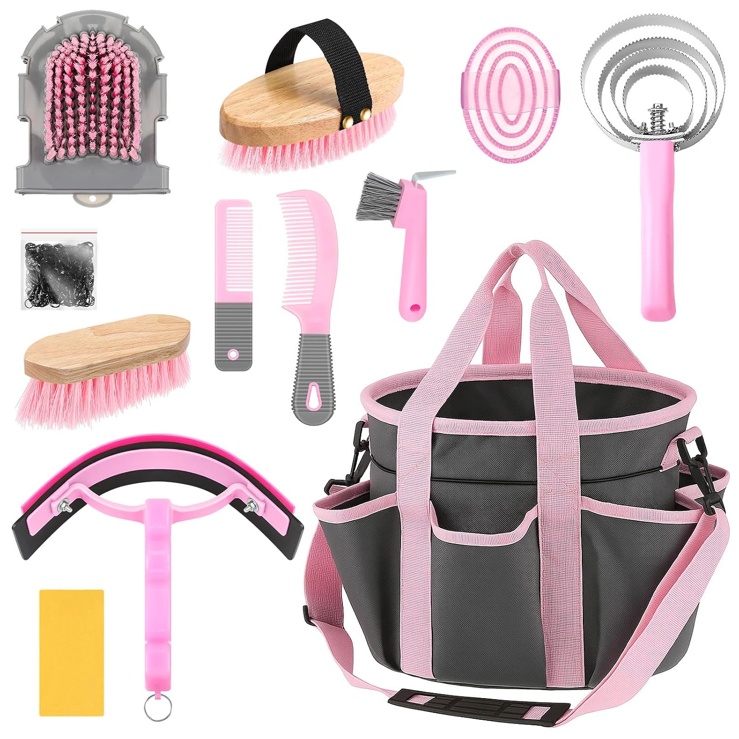 Abbylike 12 Piece Horse Grooming Kit with Organizer Tote Bag Brush Sets for Derby Day Show Horses Professional Tools for Care & Massage(Grey and Pink)