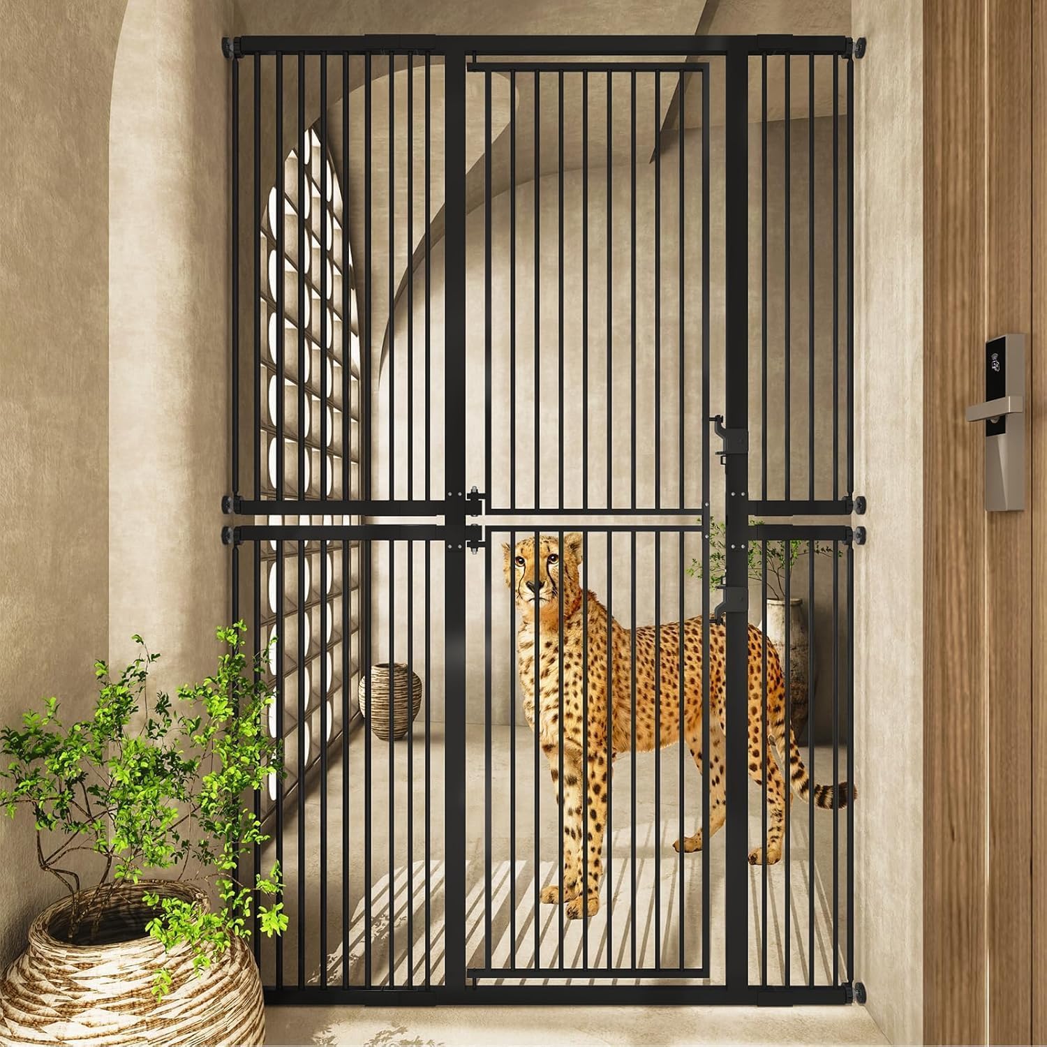 74.8″ Extra Tall Pet Gate for Cats，29.5″-51.6″ Extra Wide Cat Gate,Pressure Mounted Easy Walk Through Pet Gate with Door for Stairs, Doorways, Kitchen(Black)