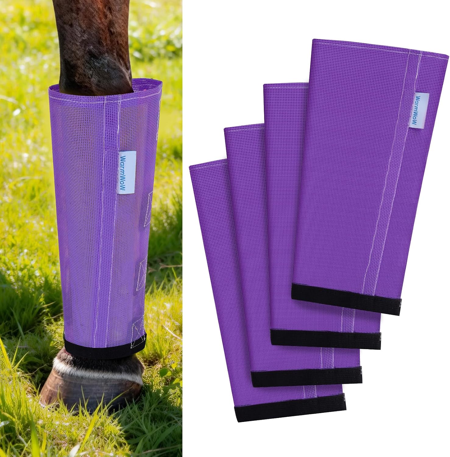 Fly Boots for Horses Set of 4, Loose Fitting Mesh Horse Fly Boots Leggings, Reduce-Stomping Adjustable Equine Leg Wraps & Socks, Stay Up Not Sag, No Rub (Purple)