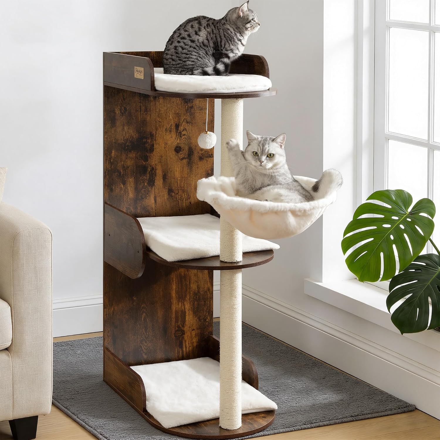 44.8in Modern Wood Cat Tree Tower for Indoor Large Cats with Perch