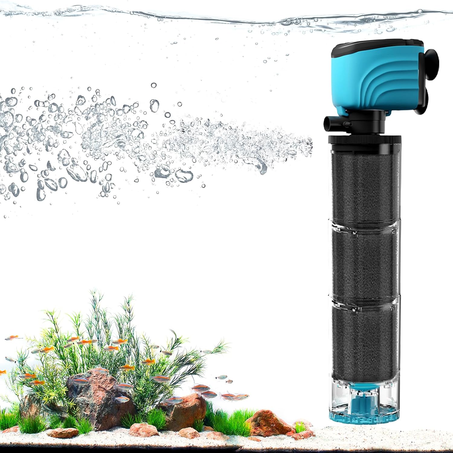 Submersible Aquarium Filter, Upgraded 100-300 Gallon Fish Tank Filter, Debris Tray, Check Valve, Fresh/Saltwater, 15-Inch, Sky Blue