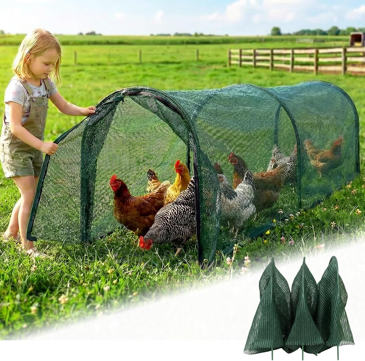 Chicken Runs for Yard,79″ & 157″ Extra Long Foldable Chicken Tunnels for Outside,All-in-One Kit with Sun Protection Net, Removable Door, Frame & Tools (Green, 79 * 21 * 32 inches)
