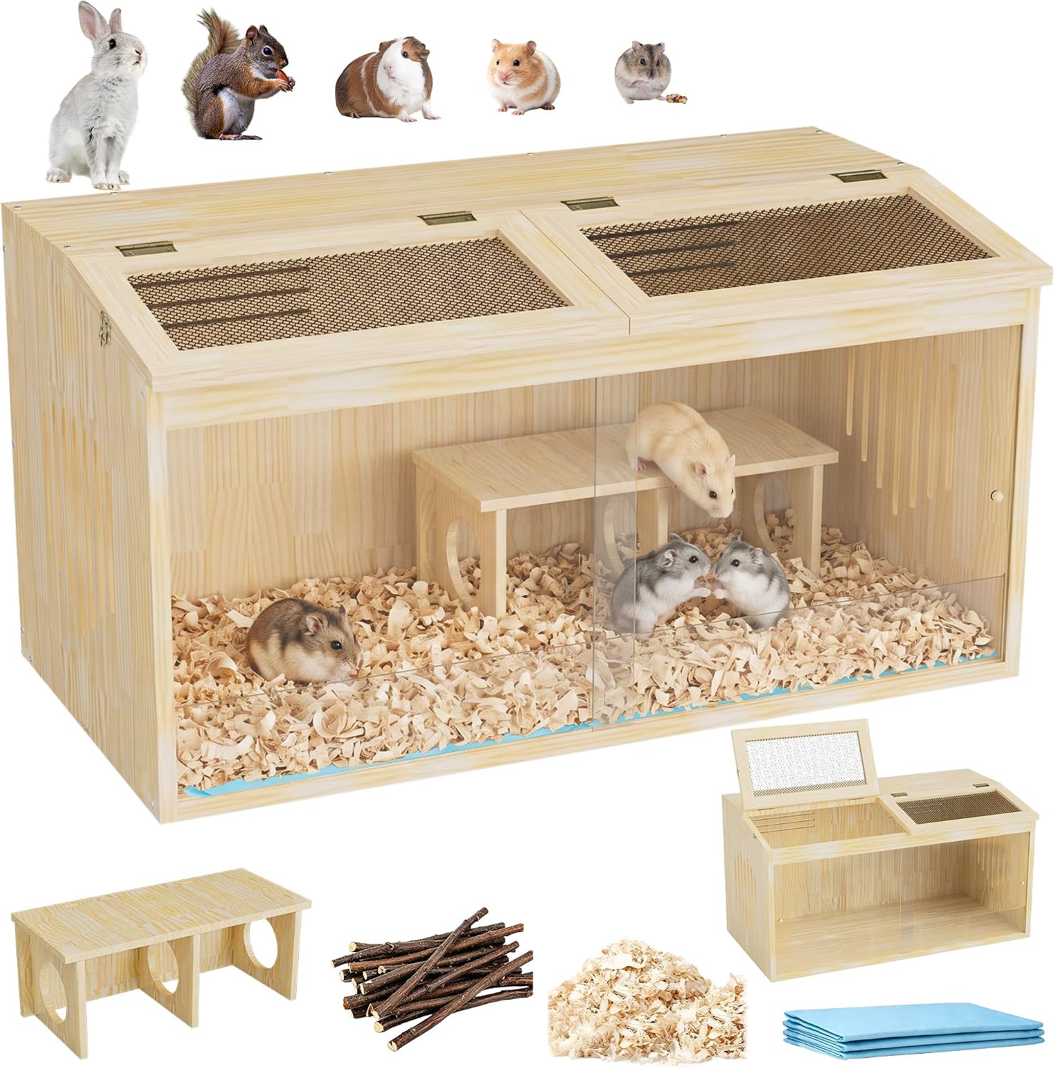 Wooden Hamster Cage with Toys and Bedding 32″x16″ Guinea Pig Cages with Openable Top & Acrylic Front Door Large Ventilated Small Animal Cage for Hamster Rabbit Guinea Pig Hedgehog Rat