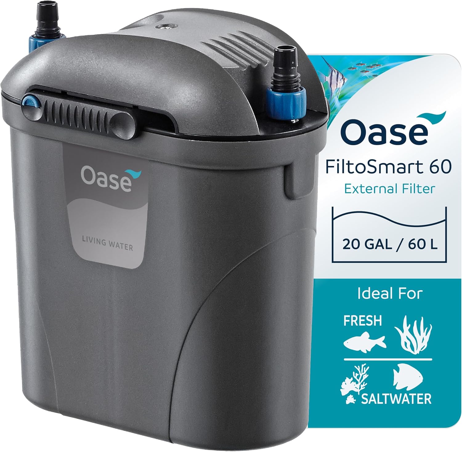 Oase FiltoSmart 60 Canister Filter for Aquariums – Quiet, Compact External Filter with Multi-Stage Filtration, No-Mess Maintenance, For Small Freshwater & Saltwater Tanks Up to 20 Gallons