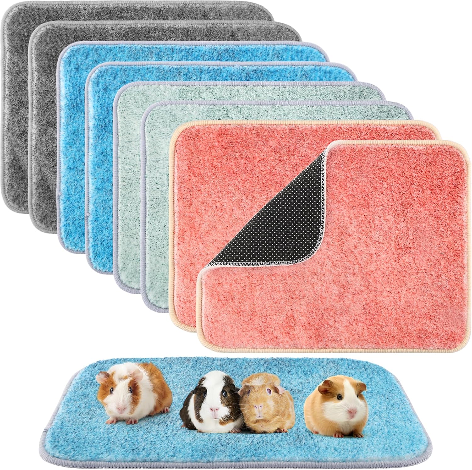 8 PCS Guinea Pig Cage Liner 16 x 12 Inch Reusable Fleece Bedding Mats Washable Pee Pads for Rabbit Hamster Chinchilla and Other Small Animal Cage Supplies (Green, Pink, Gray, Blue)