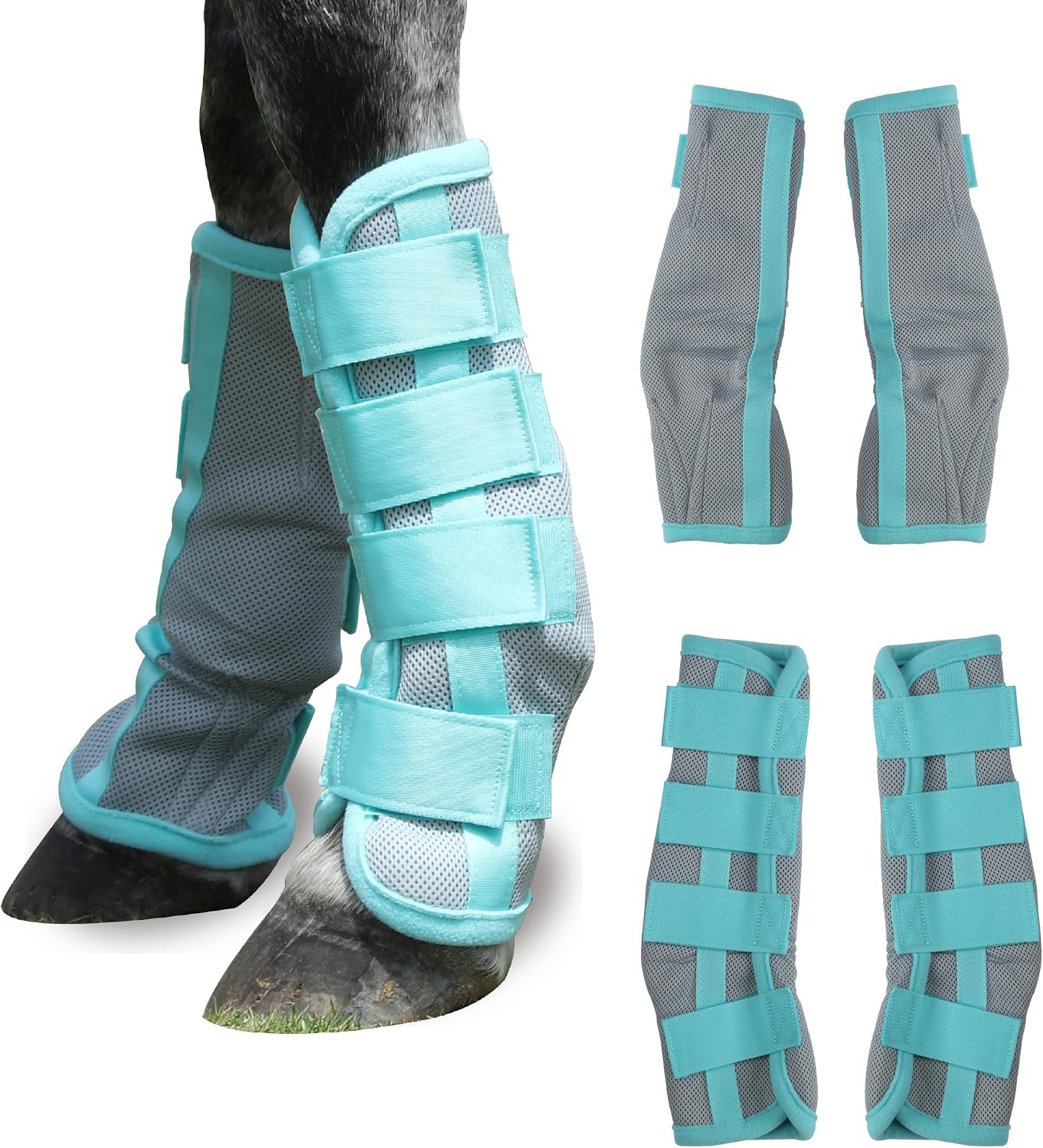 Horse Fly Boots Set of 4 – No-Rub Airflow Mesh Leggings to Reduce Stomping – Stay-on Breathable Horse Leg Wraps for Pasture, Stable & Field Green Cob