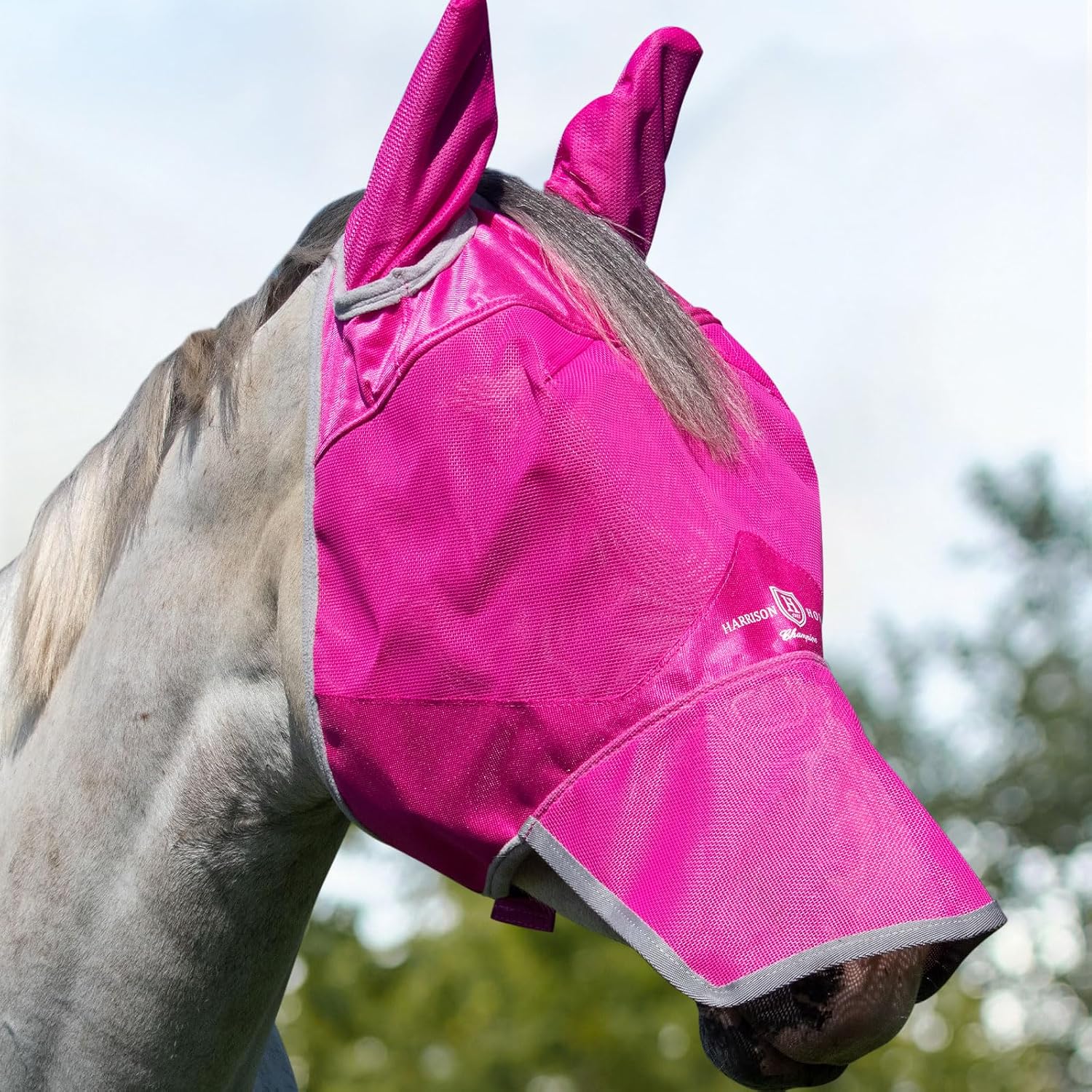Harrison Howard UV-Proof Forelock Opening Reliable Protection Horse Fly Mask Long Nose with Ears Magenta Horse Large