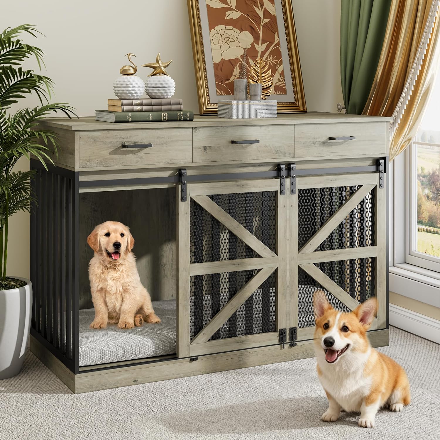 kepptory 48 Inch Large Dog Crate Furniture with 3 Storage Drawers, Wooden Pet Kennel with Removable Divider, Dog Kennel End Table TV Stand, Farmhouse Style Dog Crates with Sliding Barn Door(Grey)