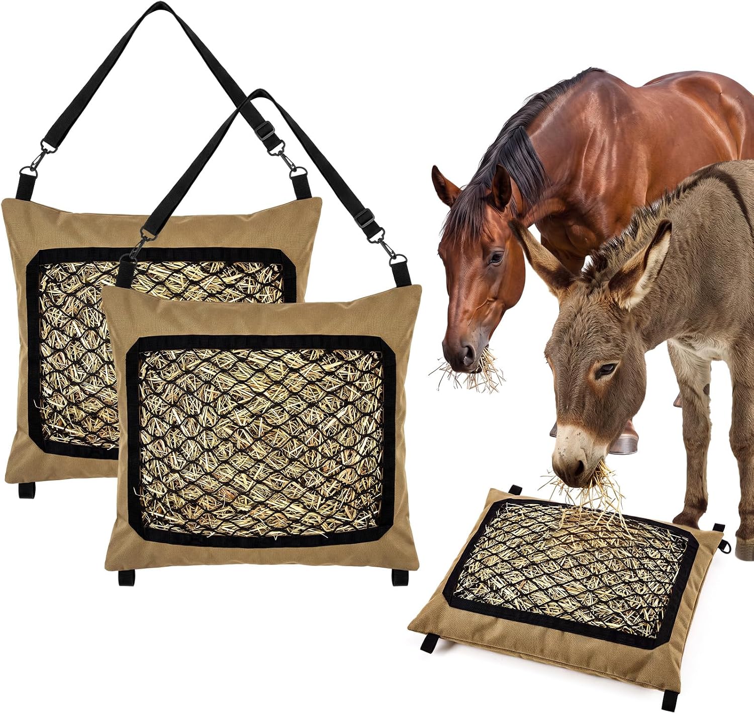 2 Pack Slow Feed Hay Bag for Horses & Donkeys, 23 x 19 in