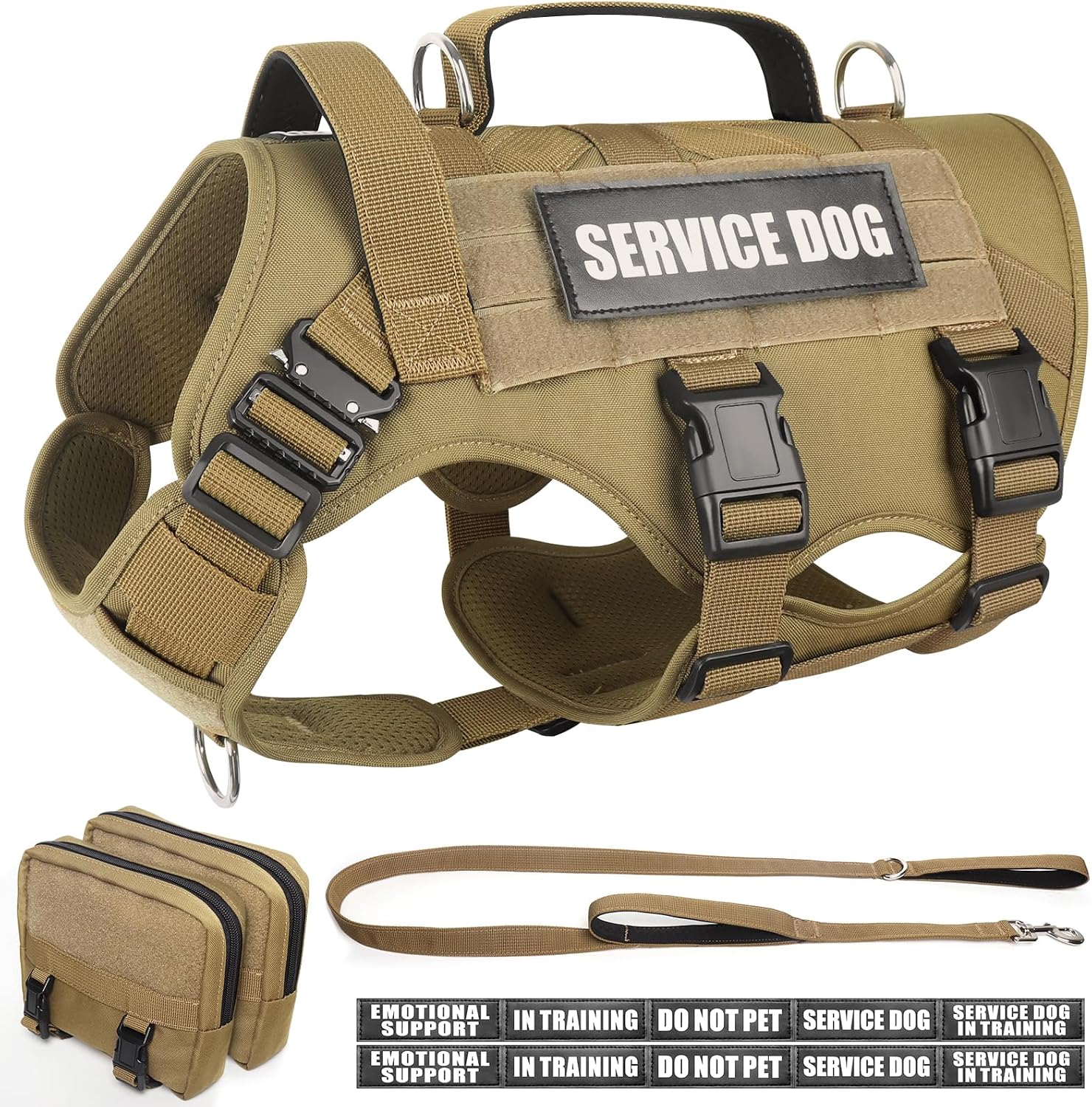 WINSEE Tactical Dog Harness with Dog Leash, Service Working MOLLE Vest with 10 Pet Patches for Large Dog, No Pull Military Harness and Backpack for Training Hunting Walking