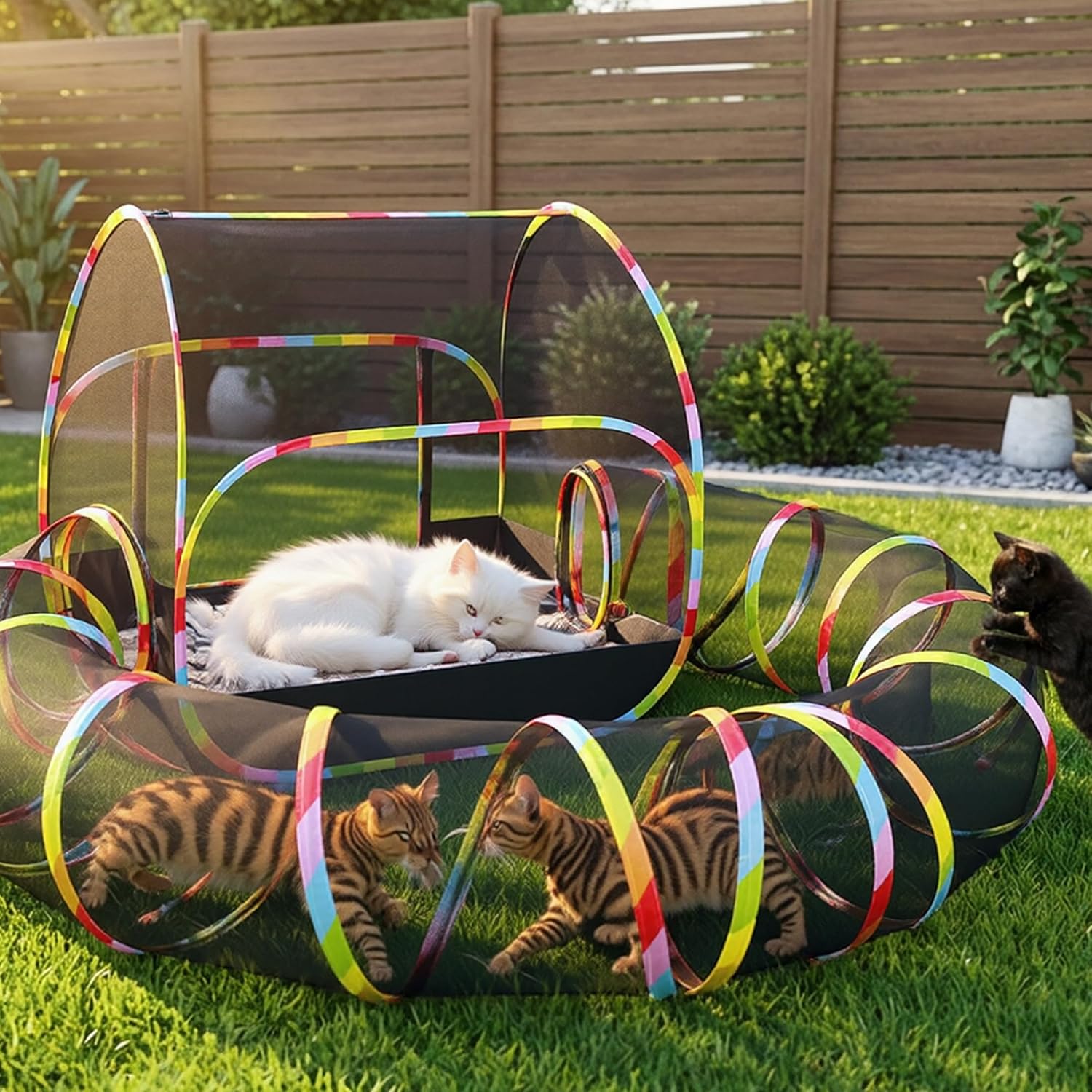 Outdoor Cat Enclosure 2-in-1, Extra Large Pop Up Cat Rolling Tent with 134″ Tunnel for Indoor Cats, Expandable Foldable Outdoor Catio for Backyard Camping, Fits Small Animals,1-Min Setup