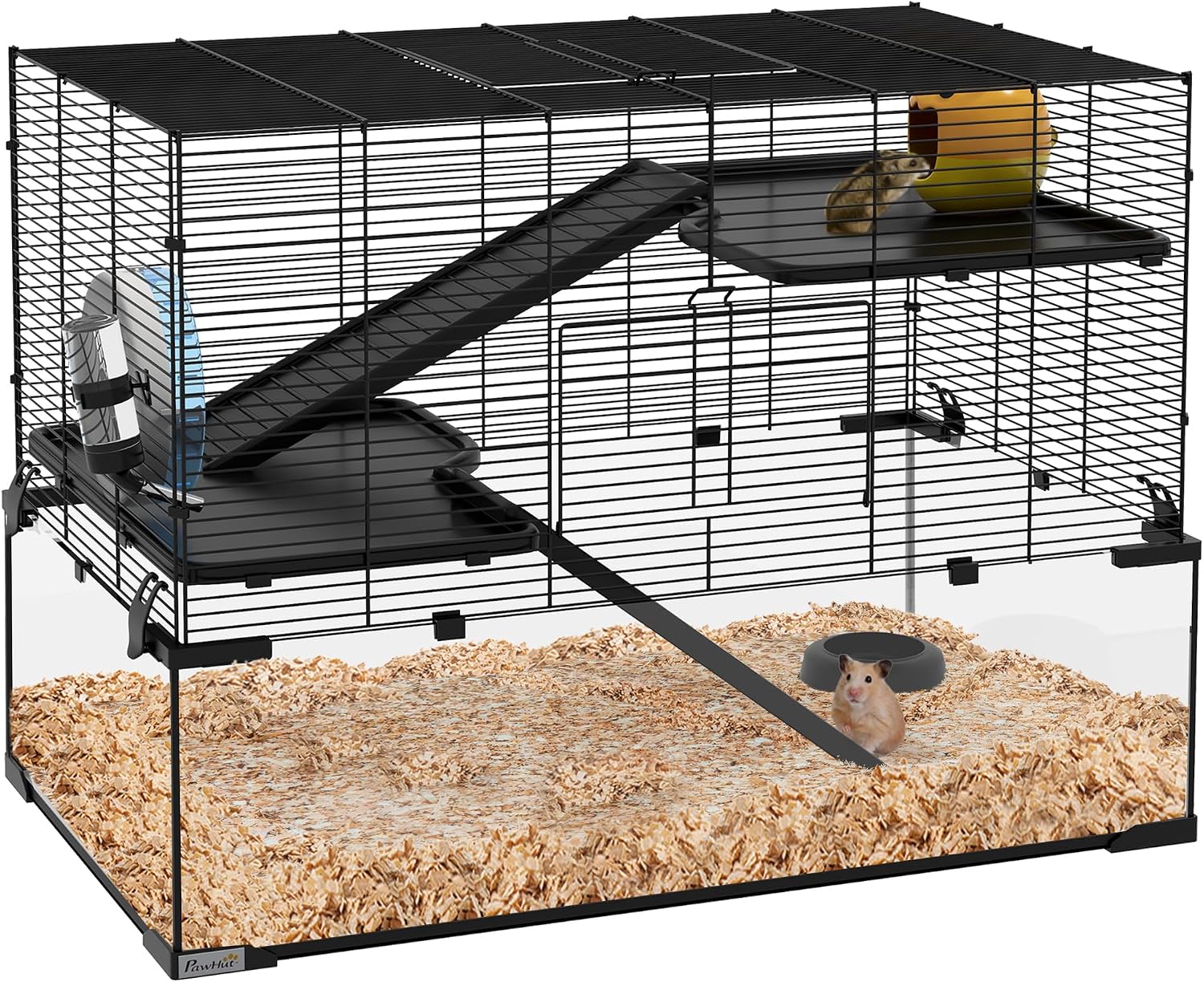PawHut Large Hamster Cage Deep Tempered Glass Bottom 30″x19″x21.5″ Black