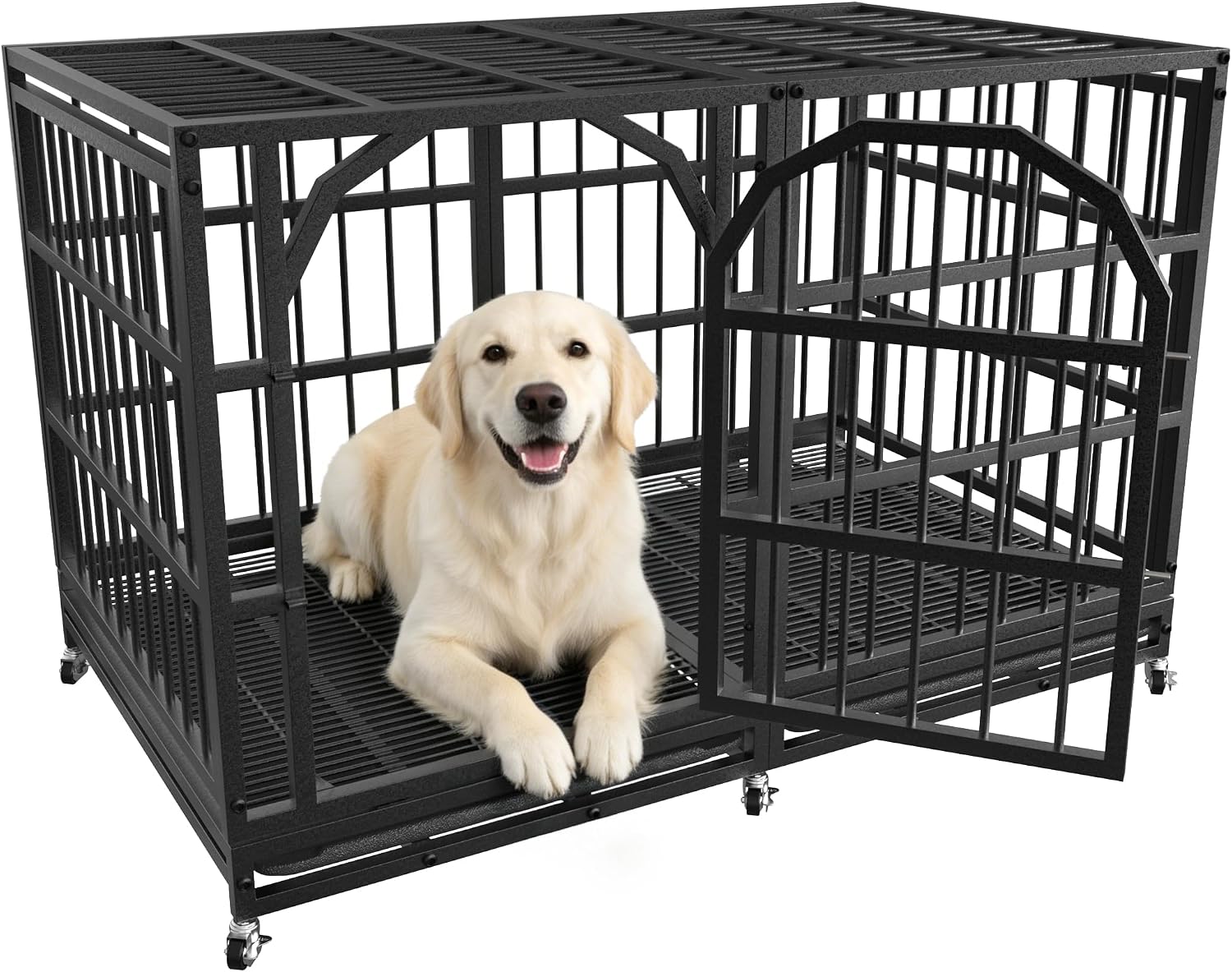 48 Inch Heavy Duty Dog Crate Black Indestructible Cage Escape Proof Kennel