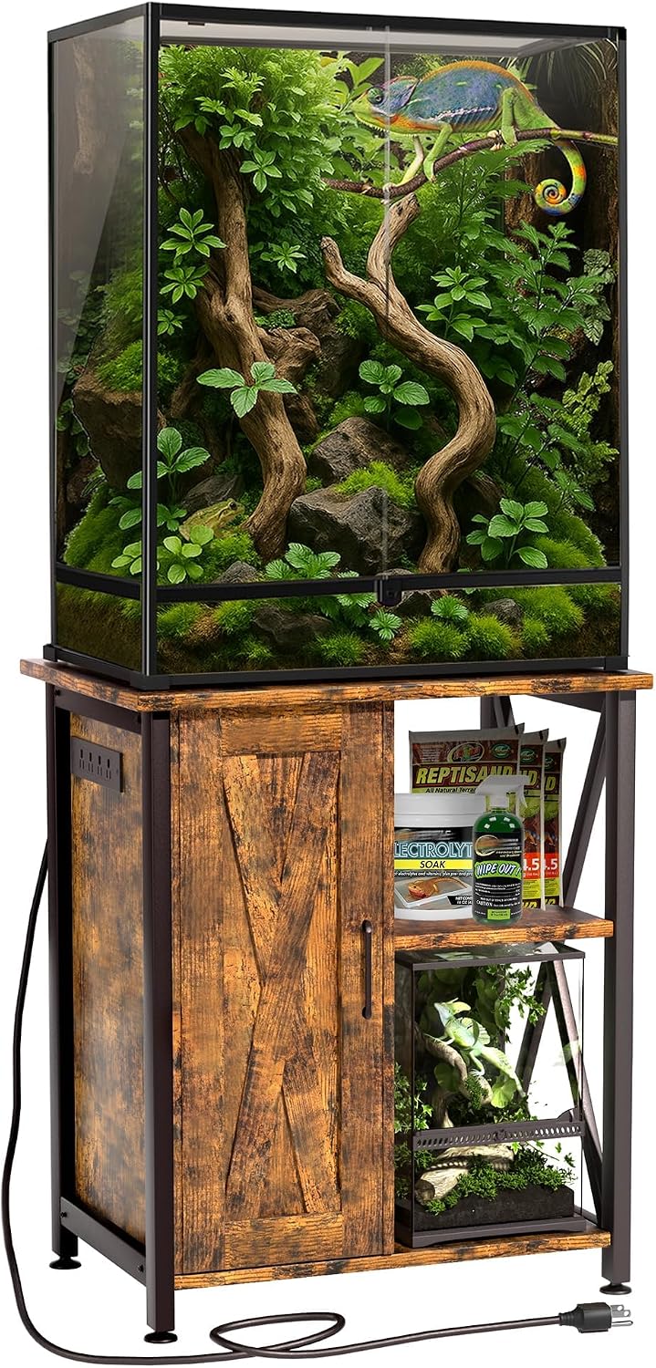 Herture 40 Gallon Reptile Tank Stand, Terrarium Stand with Power Outlet, Stand for 40-67 Gallon Reptile Tank with Storage Cabinet, 24×18 Tabletop, Reptile Terrarium, Rustic Brown PG12XYN