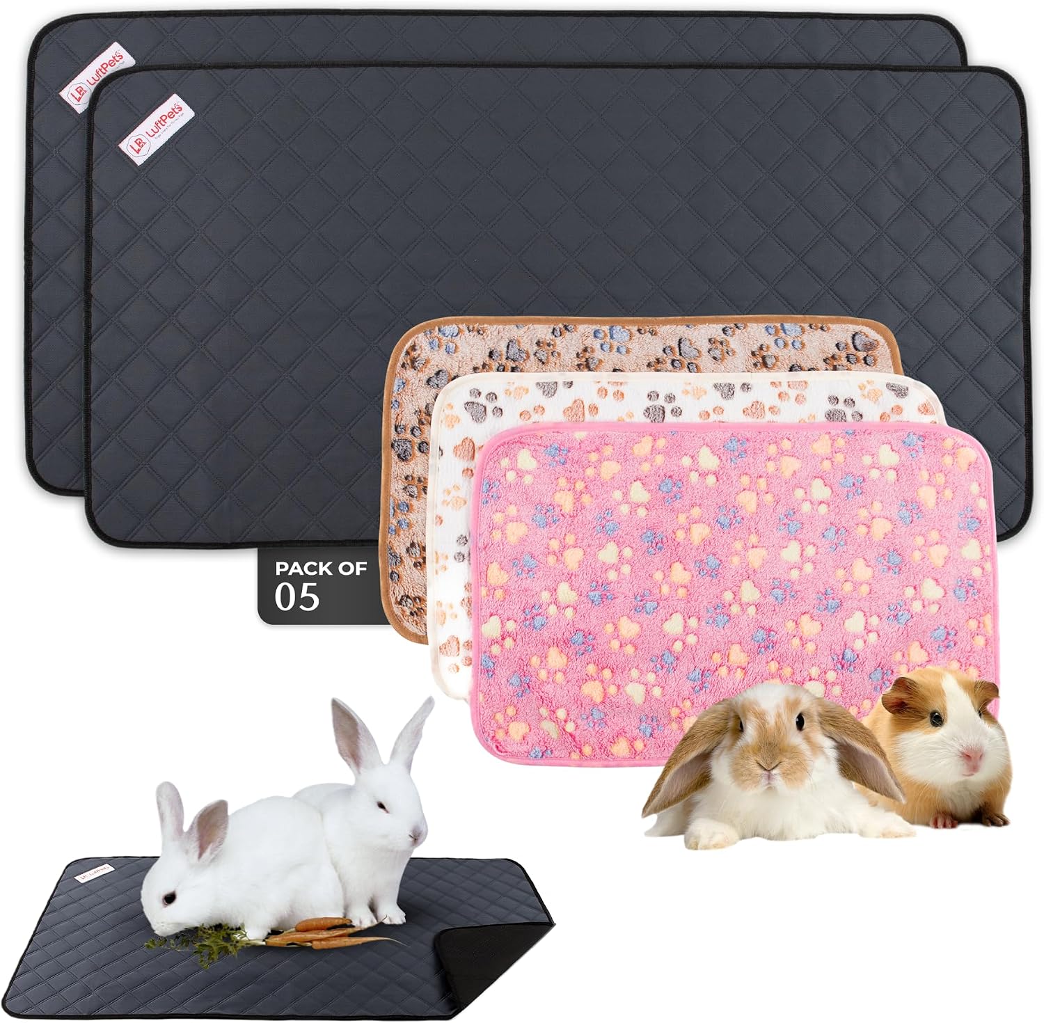 LUFTPETS Guinea Pig Cage Liners 5 Pcs, Washable Midwest Pads & Fleece Mats