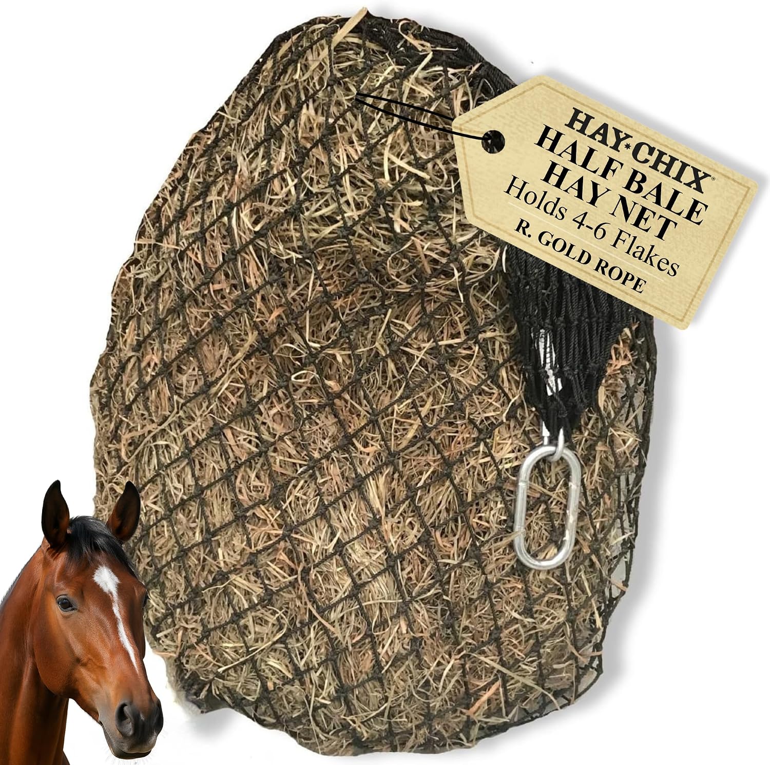 hay chix Half Bale Hay Net for Horses | 1 3/4″ Holes, Gold-Colored Rope
