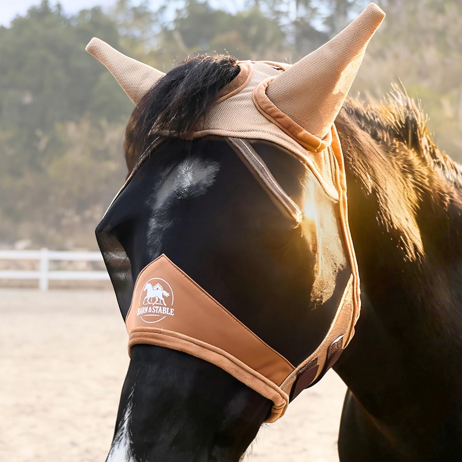 BARN & STABLE Fine Mesh Horse Fly Mask with Ears Lightweight UV Protection Fly Mask for Horses Large 3D Eye Space with Soft Fleece Trim Adjustable Straps
