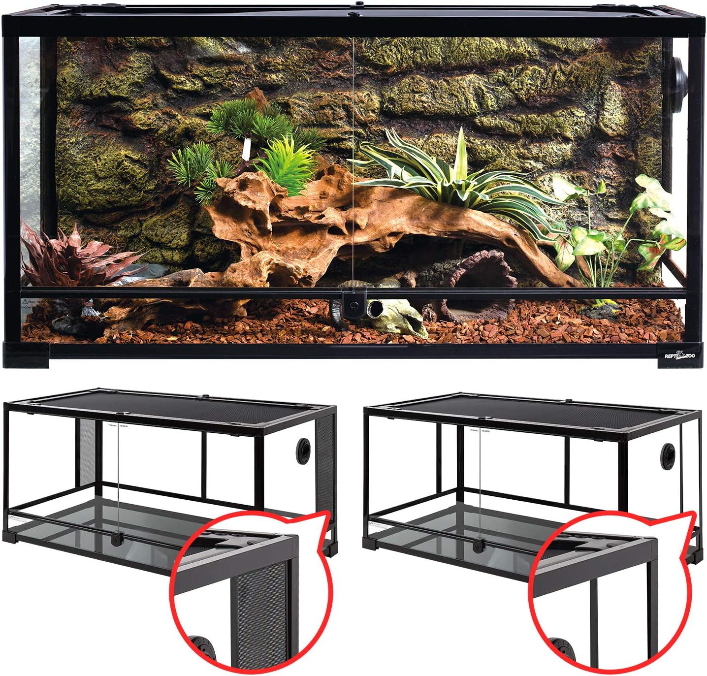 REPTI ZOO 50 Gallon Reptile Glass Tank Terrarium 2 in 1 Side Meshes and Side Glasses Double Hinge Door with Screen Ventilation Tempered Glass 36″ x 18″ x 17.75″