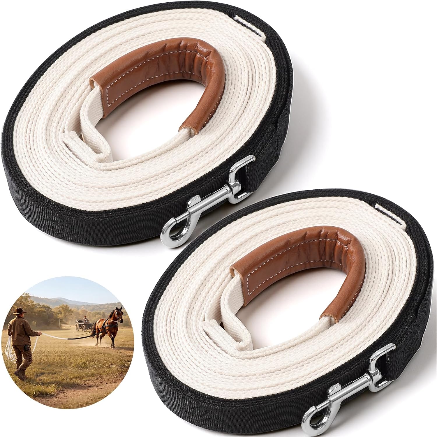 2 Pack 30ft/45ft Horse Driving Lines, Cotton Web Lunge Line, Solid Brass Trigger Snaps, Reins for Cart Training, Harness, Ground Driving, Horse Work