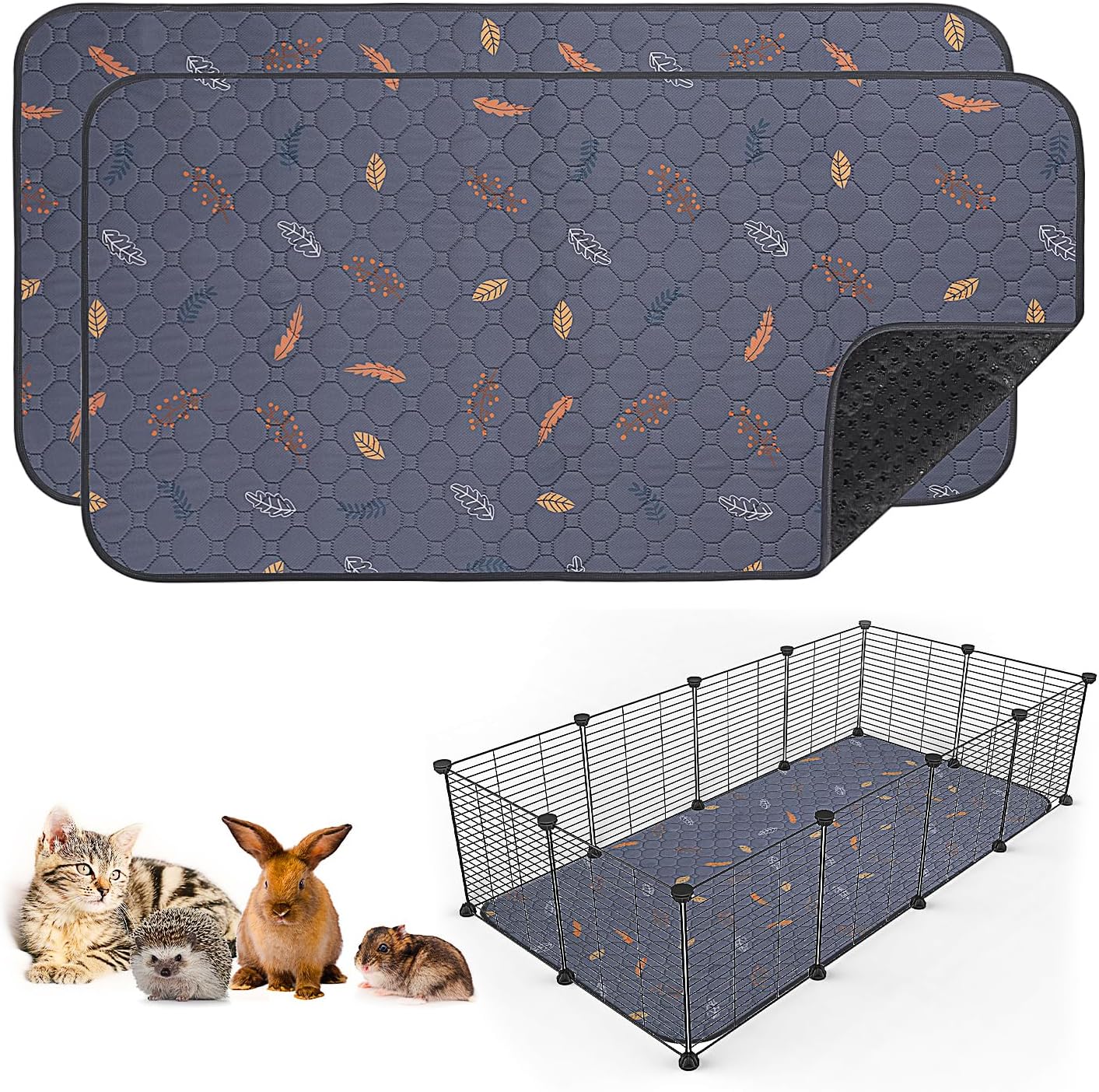 Sunheir 2 Pack Washable Guinea Pig Pee Pads, 24″ x 48″ Waterproof Reusable Guinea Pig Cage Liners, Absorbent Bedding Training Mat for Small Animal Guinea Pigs Rabbit Bunny Hamster (Leaves – Deep Grey)