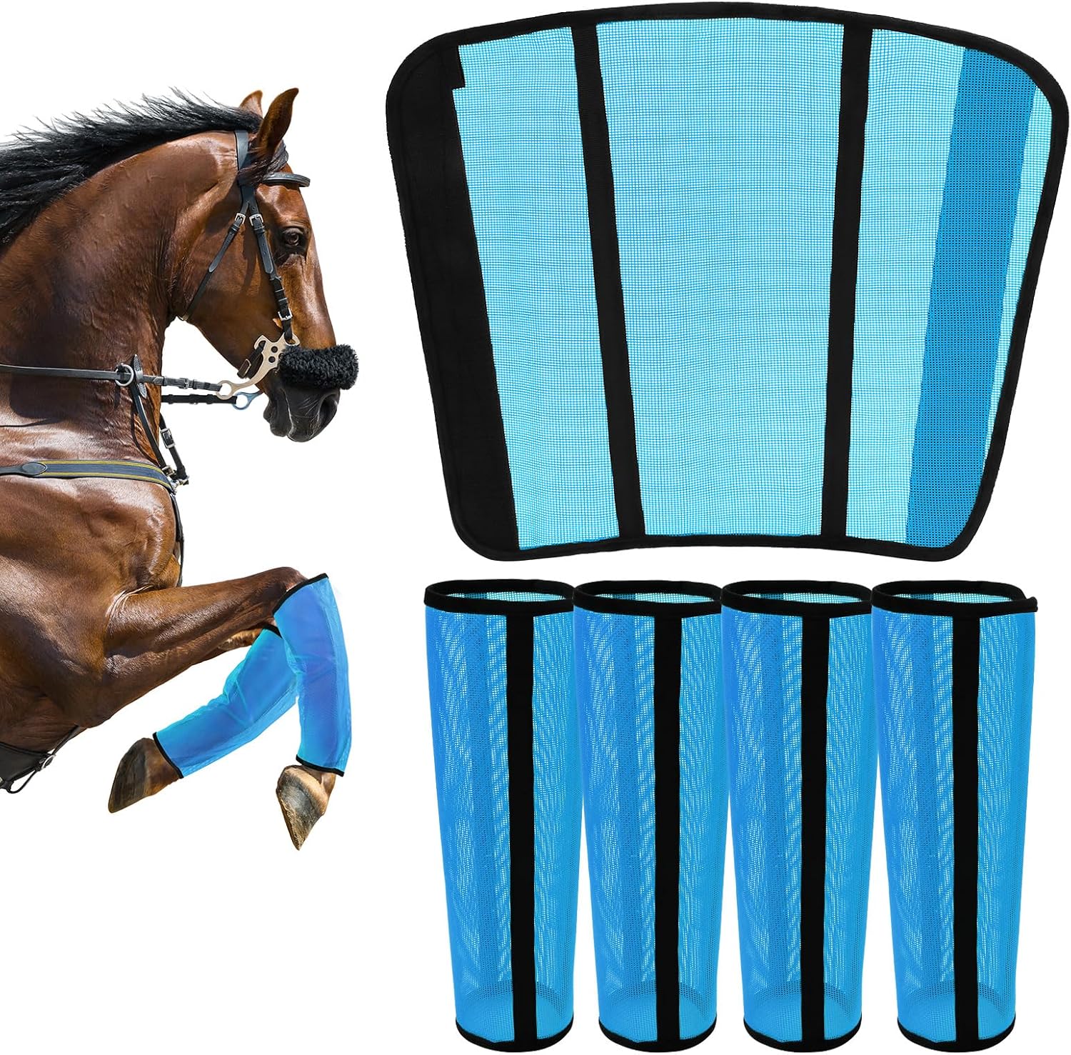 Fly Boots for Horses Set of 4 – Innovative Curved-Edge Design, Anti-Sag Stays, Breathable Mesh Leg Protection, Reduces Stomping & Fatigue, Comfort Fit for Medium to Large Horses – Blue