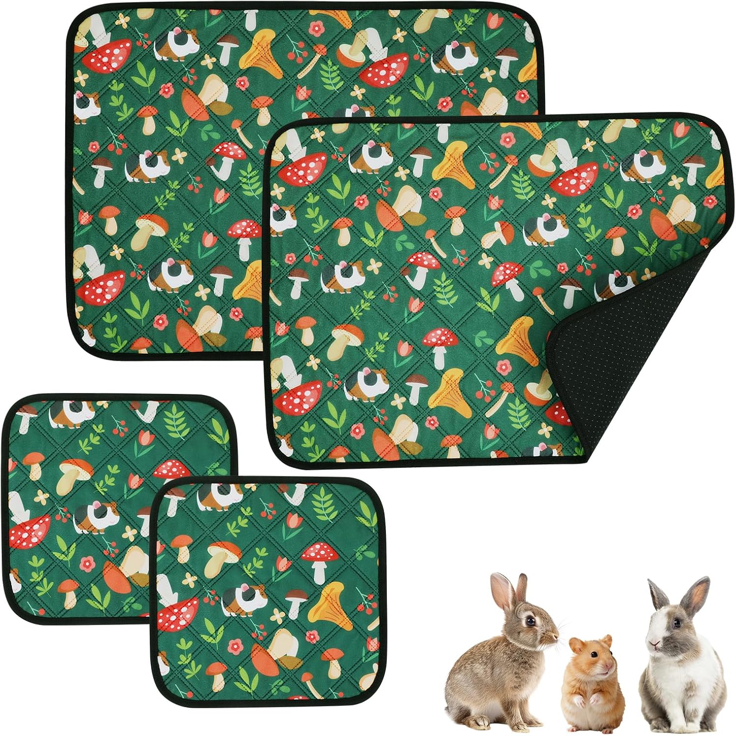SHERCHPRY Washable Guinea Pig Cage Liners 4 Pack, Reusable Waterproof Fleece Pee Pads, 2 Sizes 12″x12″+24″x18″ Small Animal Habitat Mats for Bunny Hamster Hedgehog