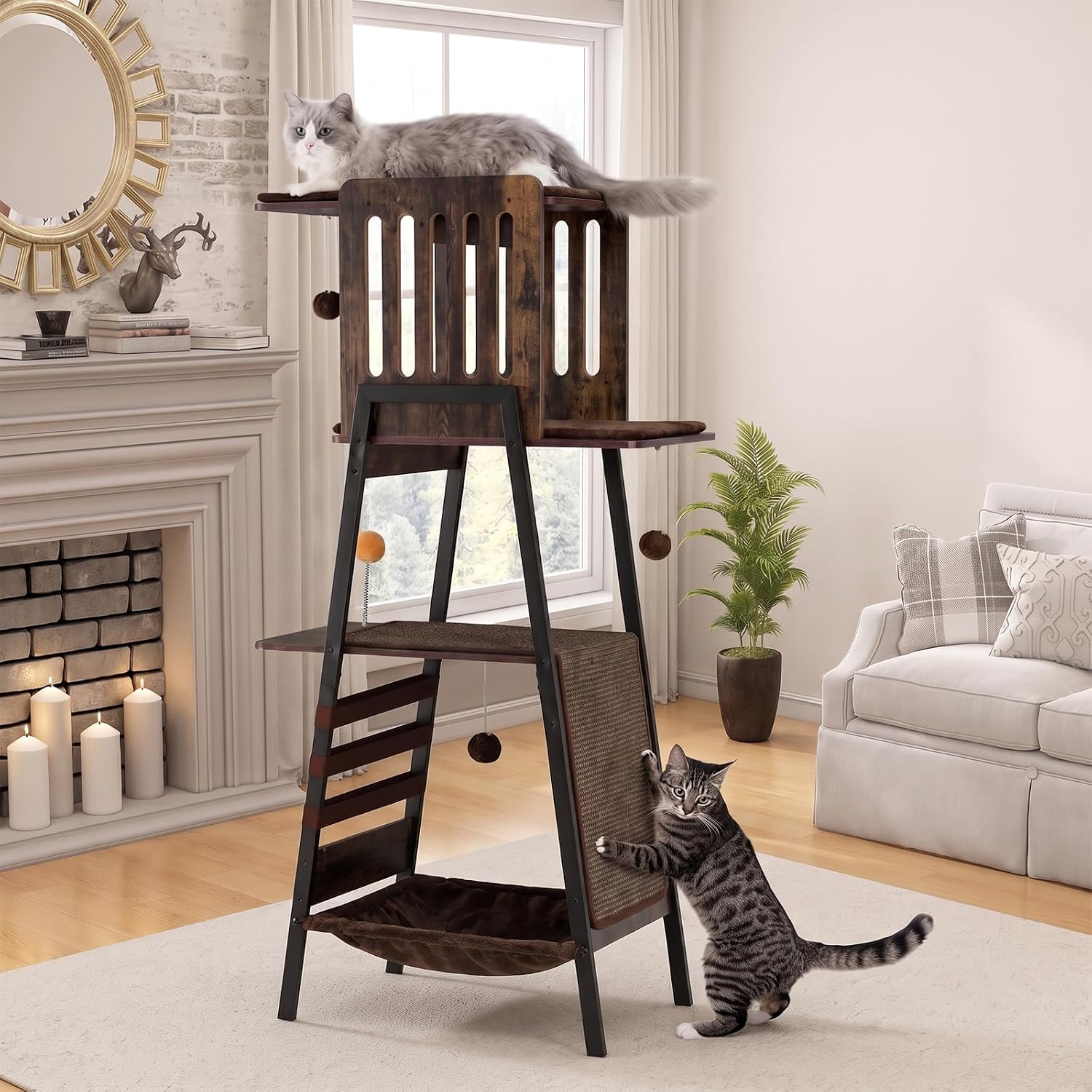 Cat Tree Tower, Large Multi-Level Cat Condo with Scratching Post, Vintage Brown