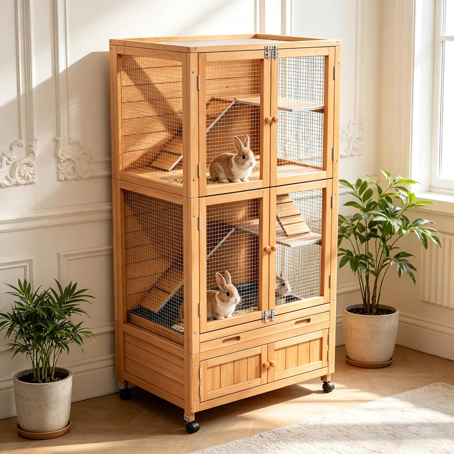 Wooden Rabbit Cage Indoor Outdoor, 2-Story Rabbit Hutch Bunny House with Chew-Proof Ramp, Leak-Proof Trays,Storage Cabinet & Wheels for Small Rabbits, Quails,Turtles(Wood2)