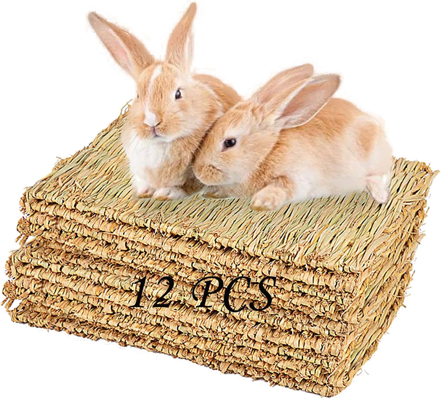 PINVNBY Hay Mats for Rabbits,12 Pack Natural Rabbit Grass Mat,Small Animal Woven Bed Resting Sleeping,Chewing,Nesting and Toys Cage Grass Matts for Bunny Guinea Pig Hamster Hedgehog Squirrel