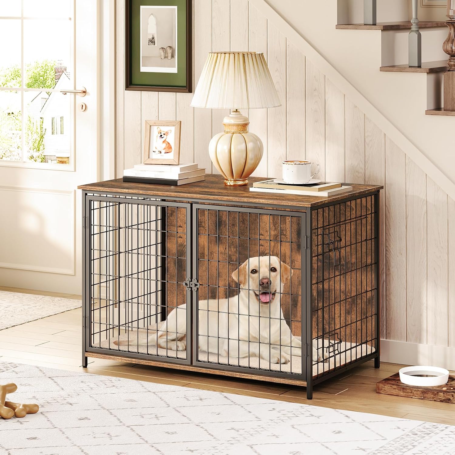 MAHANCRIS Dog Crate Furniture with Cushion, Wooden Dog Kennel with Double Doors, Heavy Duty Dog Cage for Small/Medium/Large Dogs, Indoor Dog House End Table, 39.4″ L, Rustic Brown DCHR10701
