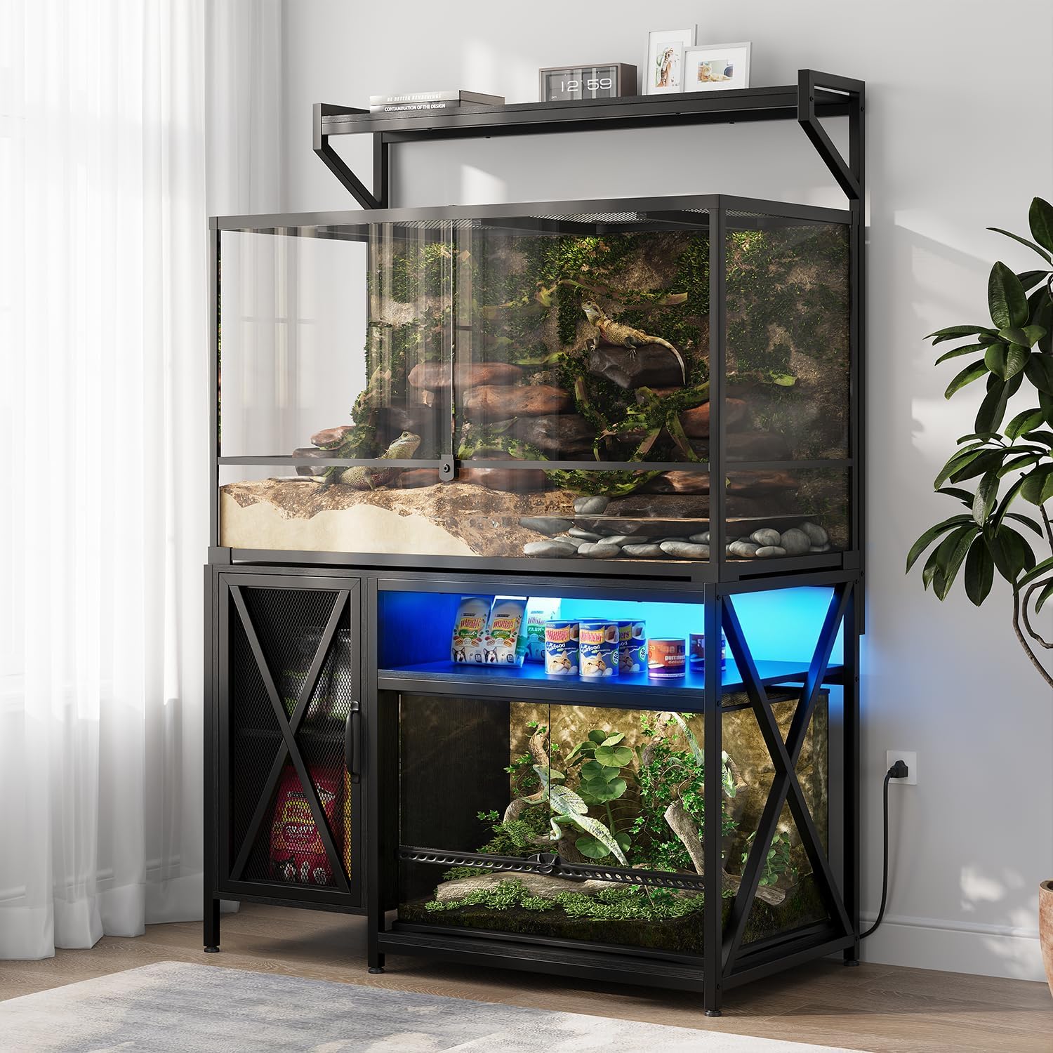 40-120 Gallon Reptile Tank Stand with Power Outlet, 48″ X 69″ Terrarium Enclosure with Storage Cabinet, Heavy Duty Large Aquarium Stand for Bearded Dragon, Snakes, Lizards