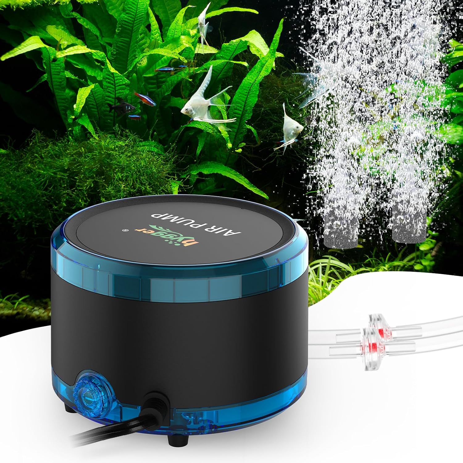 hygger Aquarium Air Pump Dual Outlet, Quiet Powerful Fish Tank Aerator 4W/8W, Adjustable Oxygen Pump with Air Stone, Bubbler for Fish Tank Up to 200 Gallon