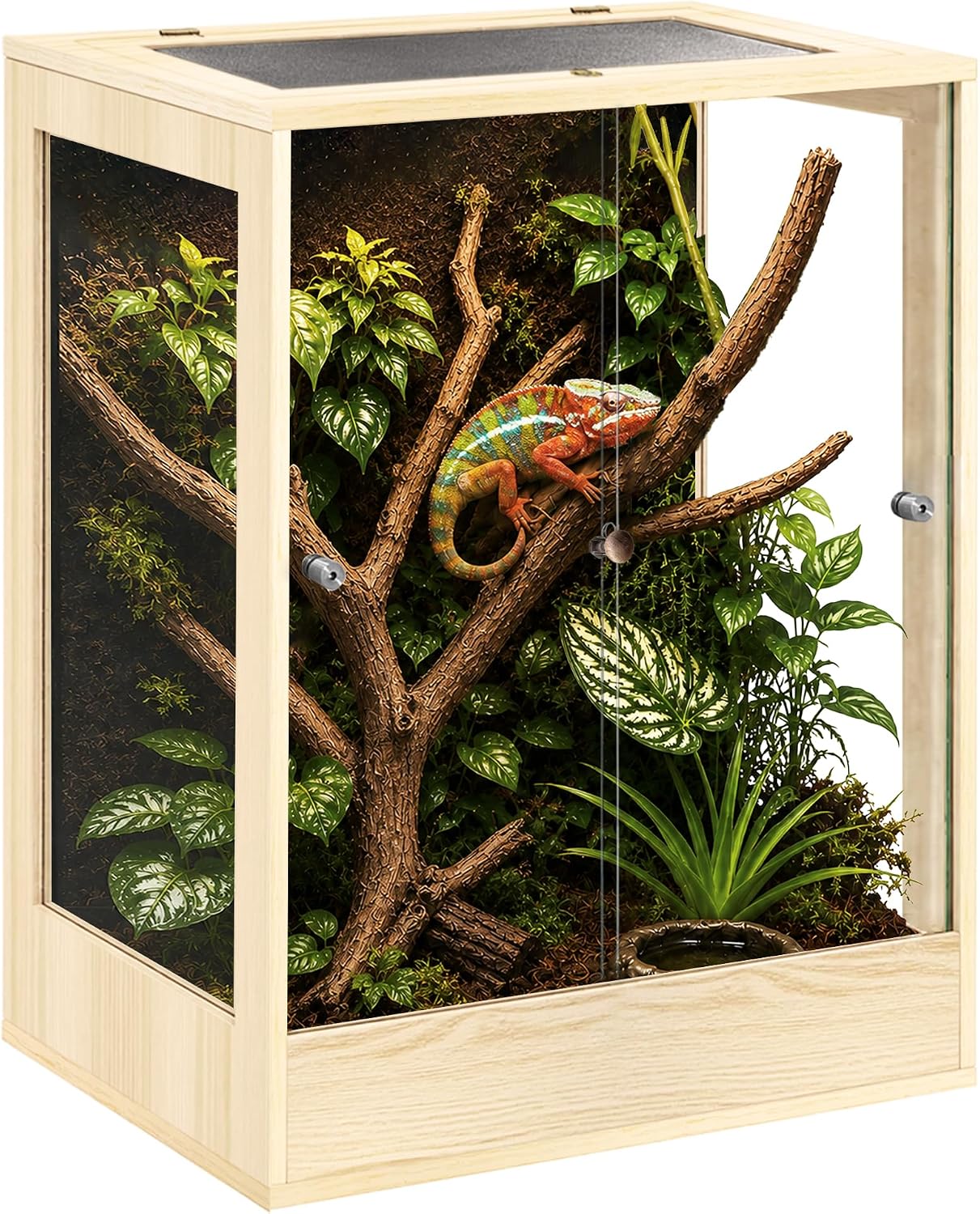 PROLEE 24″ x 18″ x 36″ Tall Reptile Terrarium, 65 Gallon Glass Chameleon Cage, Vertical Crested Gecko Tank with Ventilated Mesh Top, Front Opening Rainforest Habitat, Oak