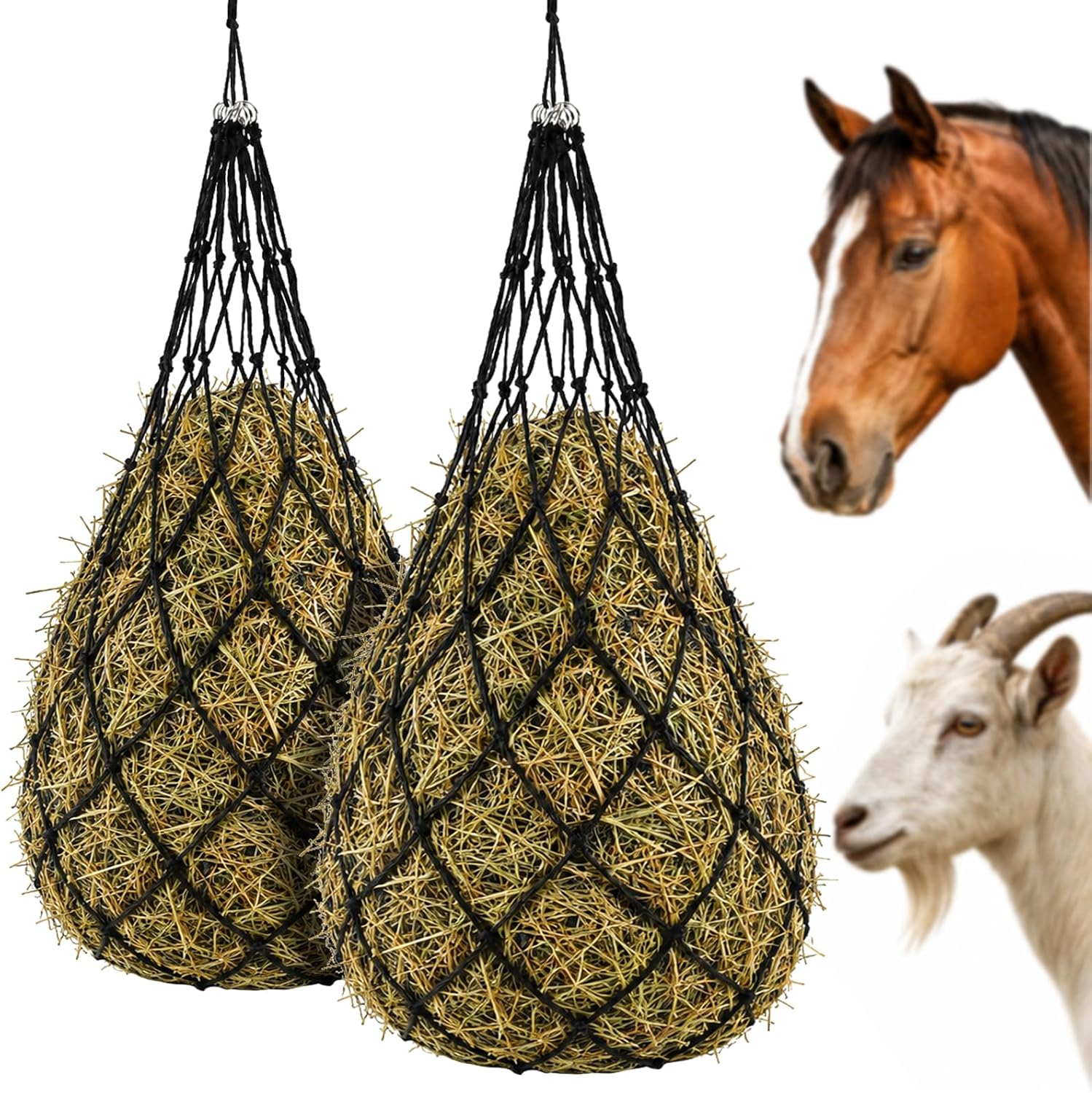 Hay Bags for Horses, 40 Inch Slow Feed Hay Nets for Horses 2 Pack, 2″ Small Holes Polyester Rope Hay Net with Large Opening and Drawstring Closure for Goats Sheep Cattle, Stall Trailer Pasture