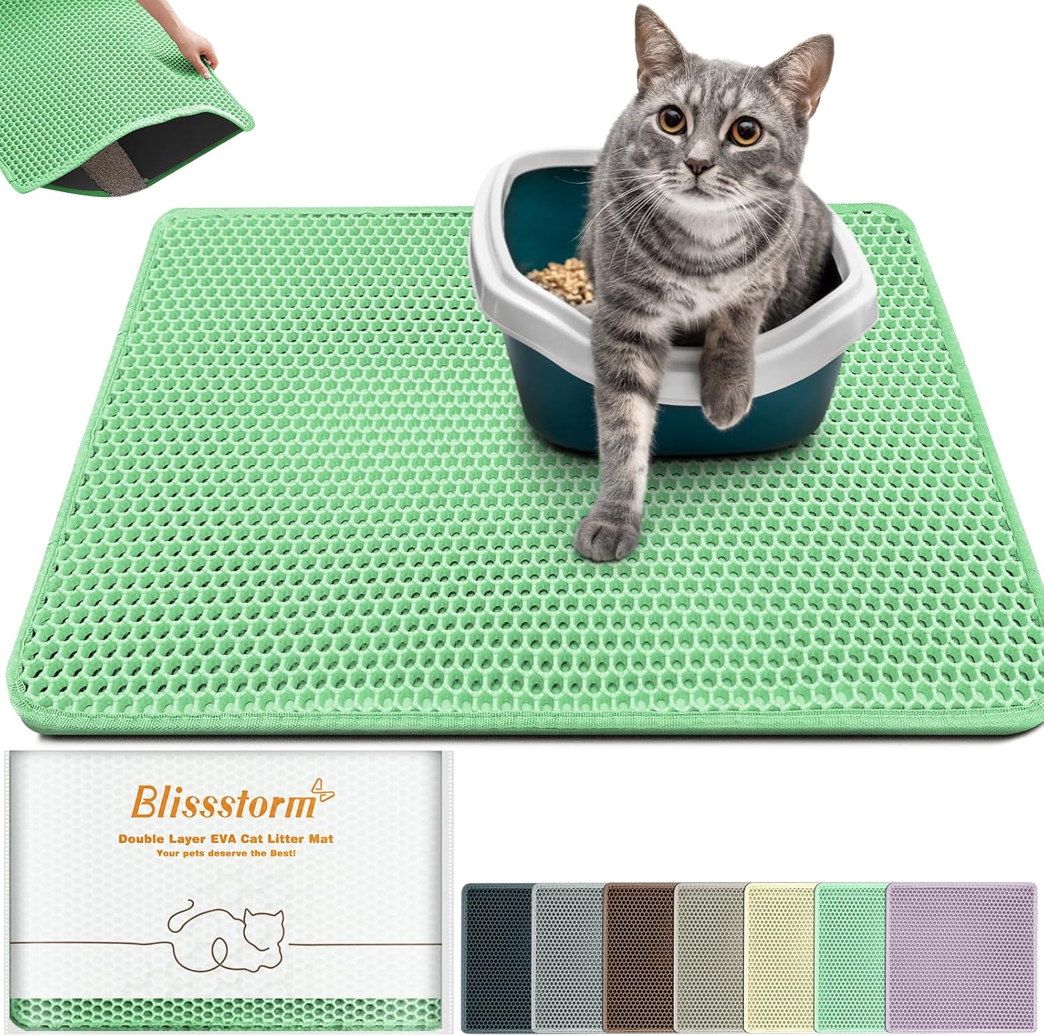 Cat Litter Mat 31″x24″,Double Layer EVA Litterbox Mat Green