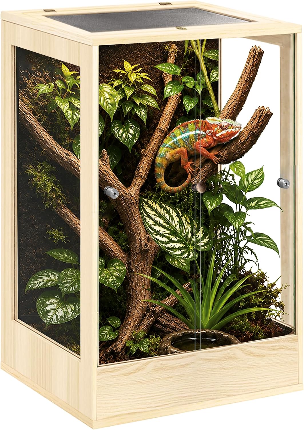 PROLEE 18″ x 18″ x 32″ Tall Reptile Terrarium, 45 Gallon Glass Chameleon Cage, Vertical Crested Gecko Tank with Ventilated Mesh Top, Front Opening Rainforest Habitat, Oak