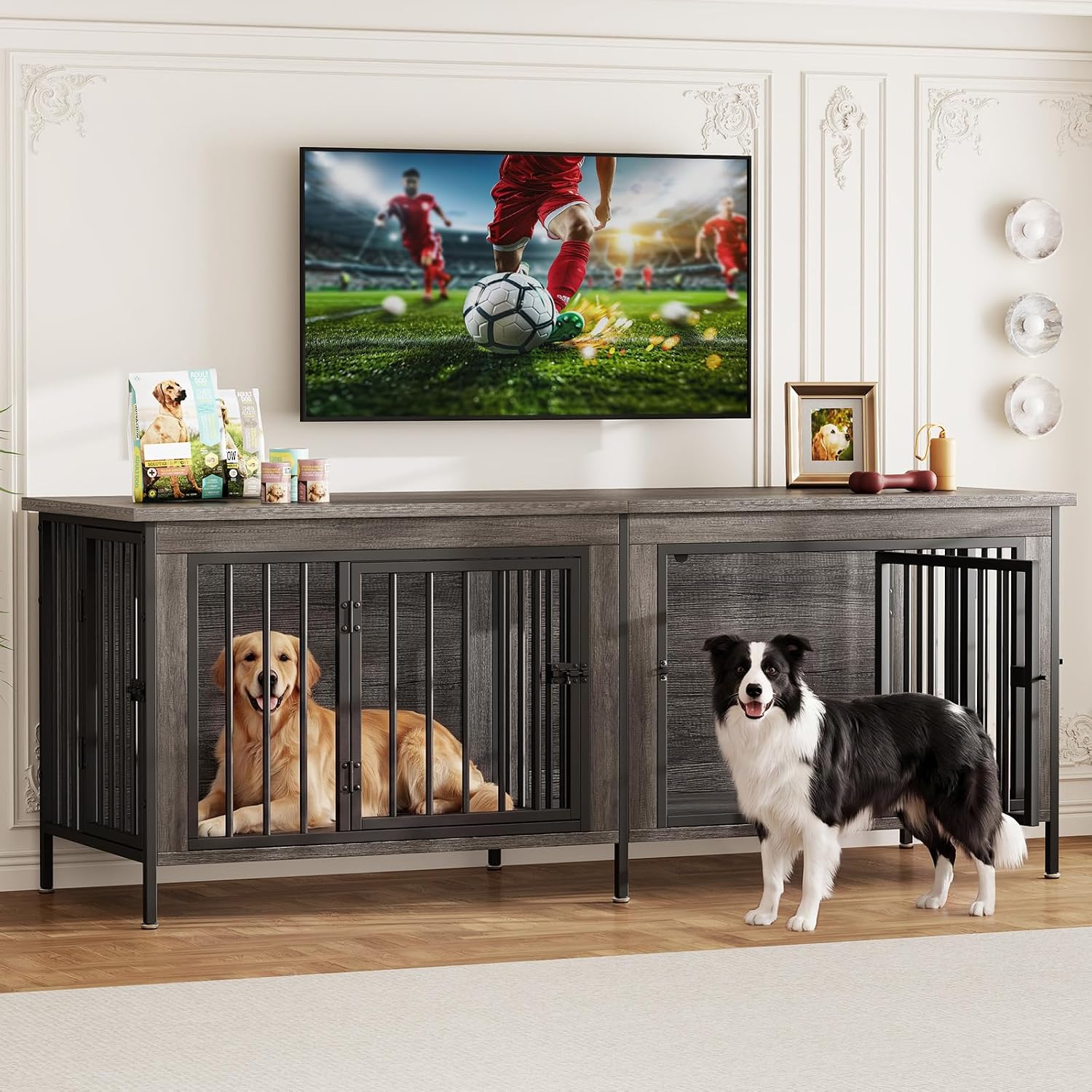 DUMOS 63″ Dog Crate Furniture for 2 Dogs with Divider, Gray Wood Grain