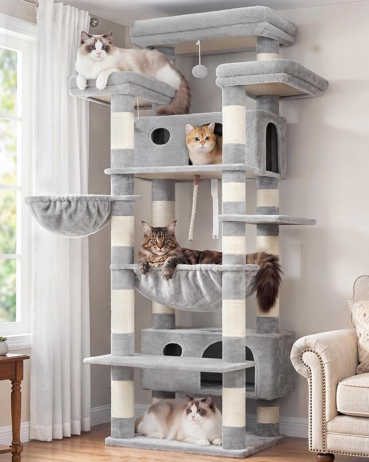 Gitelsnour Cat Tree, 74″ Tower for Large Cats, Big Condo & Hammock GCT030W