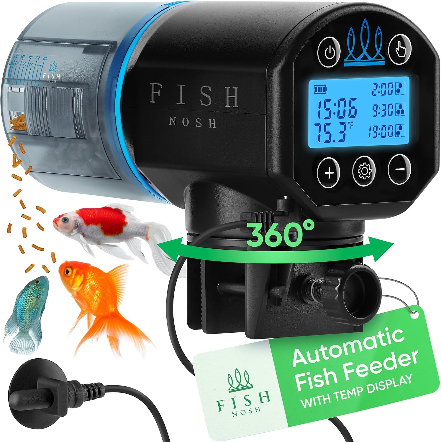 FISHNOSH Automatic Fish Feeder for Aquarium with Digital Thermometer – 2026 Auto Fish Food Dispenser Programmable, Vacation Feeder for Fish, Adjustable Portions, Auto Fish Feeder for Small & Big Tanks