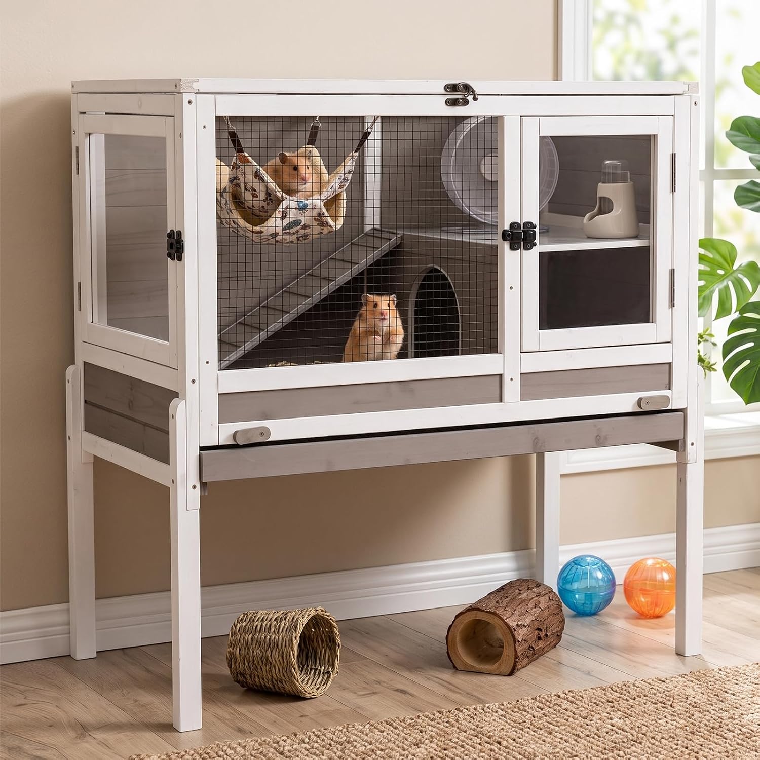 Wooden Guinea Pig Cages Indoor with Plastic Floor and Pull Out Tray, Two-Story Rabbit Cage with Anti-Chewing Ramp, Bunny Hutch with Detachable Stand, Small Animals Cage Habitat (Brown)