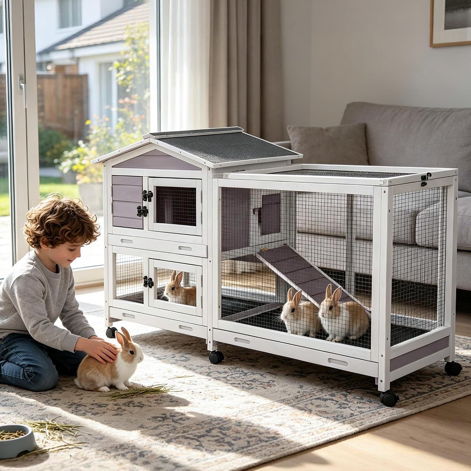 62″ L Extra Large Wooden Rabbit Hutch on Wheels with Chew-Proof Ramp, Grey