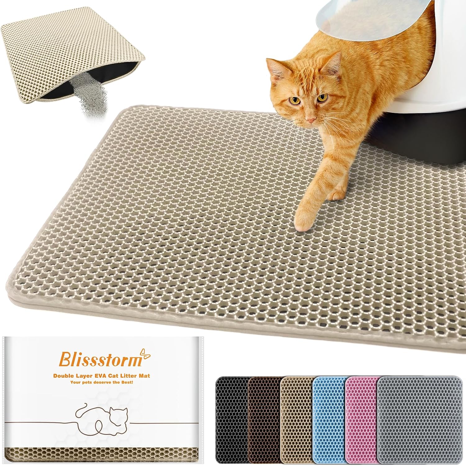 Cat Litter Mat 22″x30″,Double Layer EVA litterbox Mat, Khaki