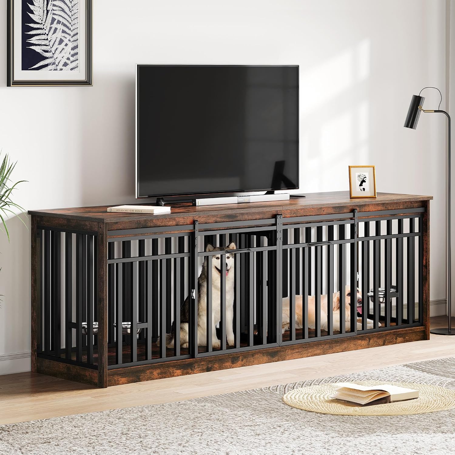 YITAHOME 86.6″ Double Dog Crate Furniture with 4 Dog Bowls