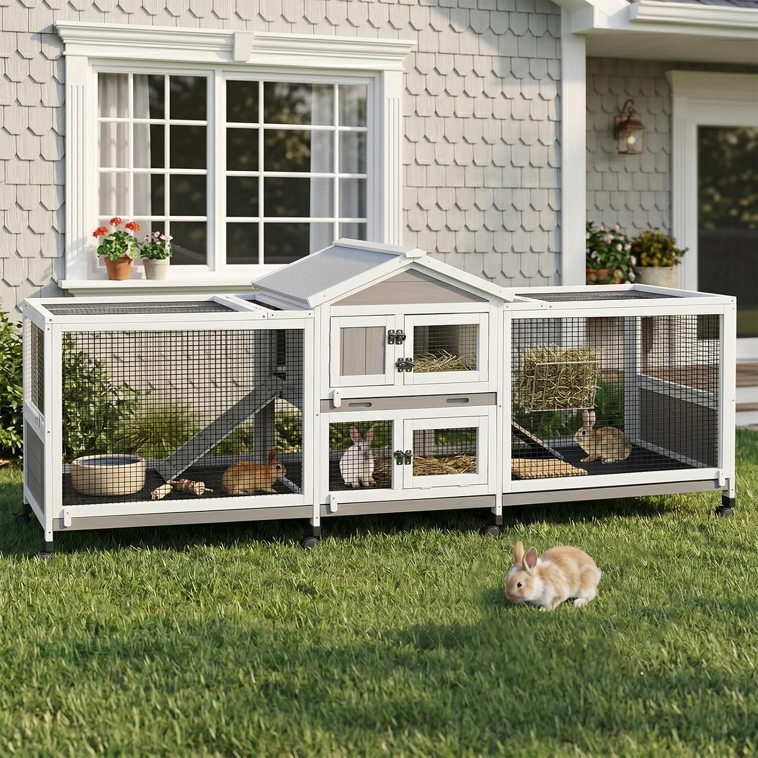 PetsCosset 93″L Double Rabbit Hutch with Dual Runs,2-Story Large Bunny Cage